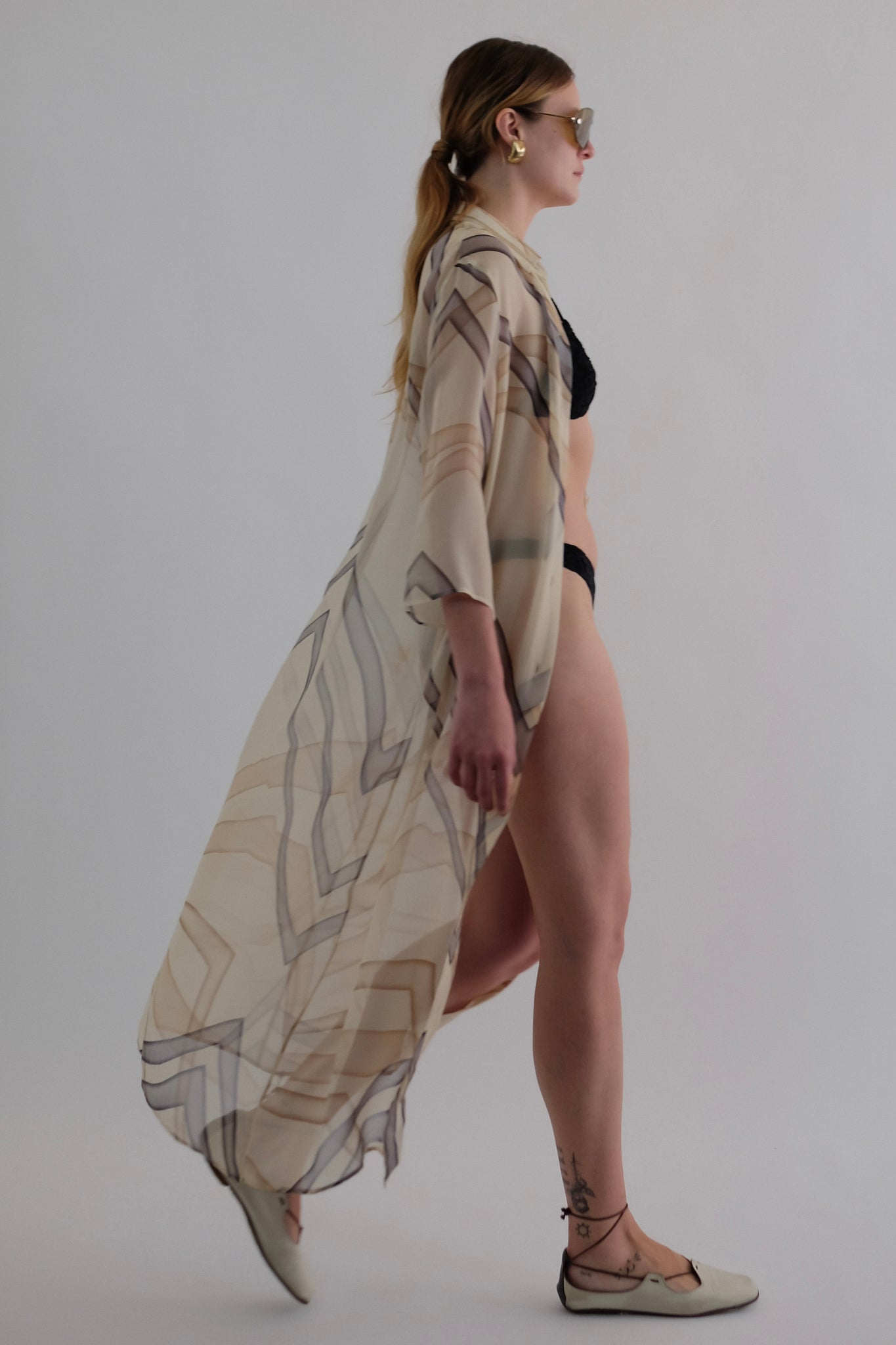 MAX MARA PURE SILK CHIFFON GEOMETRIC PRINT SHIRT DRESS IN CREAM