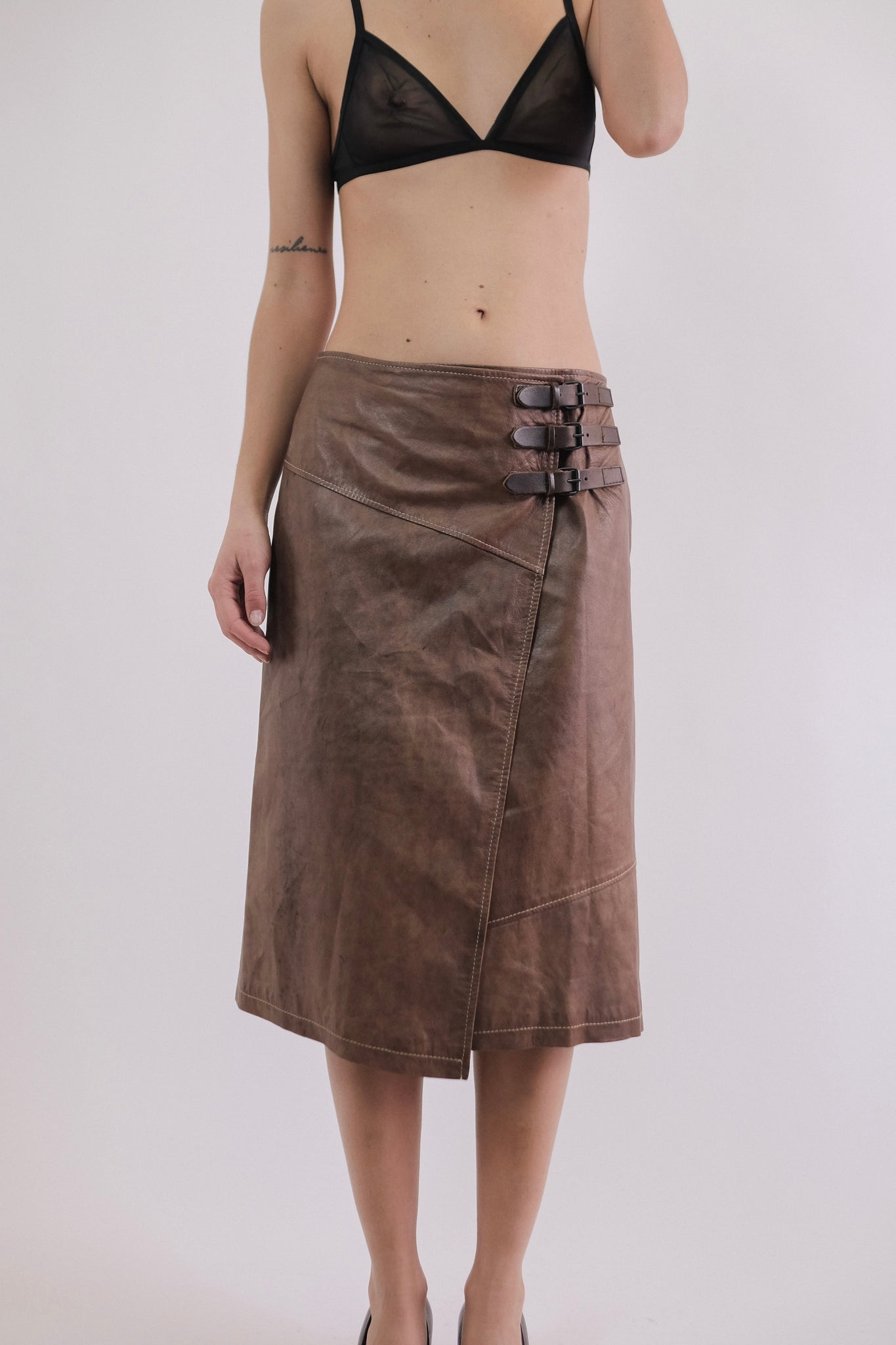 ITALIAN PATINA LEATHER SKIRT IN BROWN