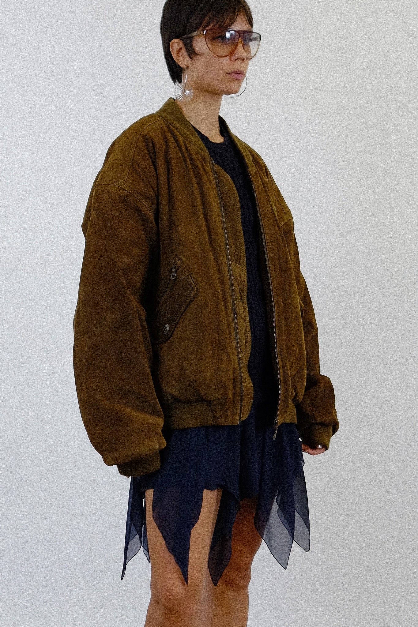 80S “WATCH THE FUTURE” SUEDE LEATHER BOMBER IN CHOCOLATE BROWN