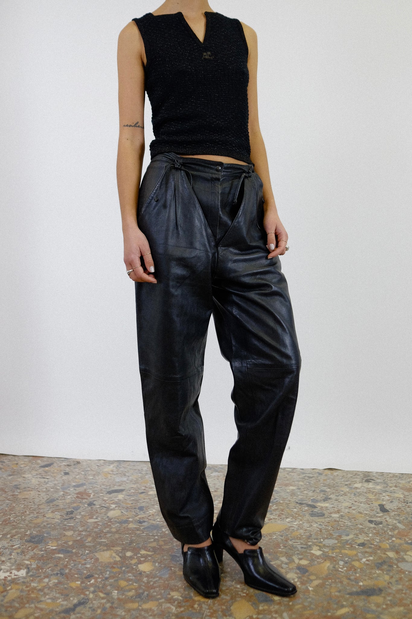 1980s CALFSKIN LEATHER CHAP TIE PANTS IN BLACK