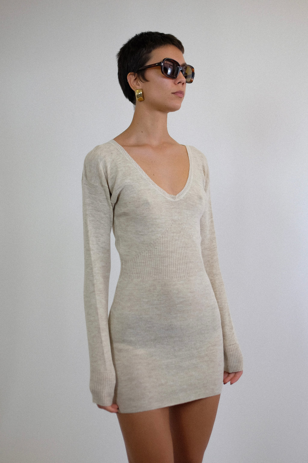 ESSEPICI DEADSTOCK WOOL LONG SLEEVED DRESS IN MELANGE BEIGE