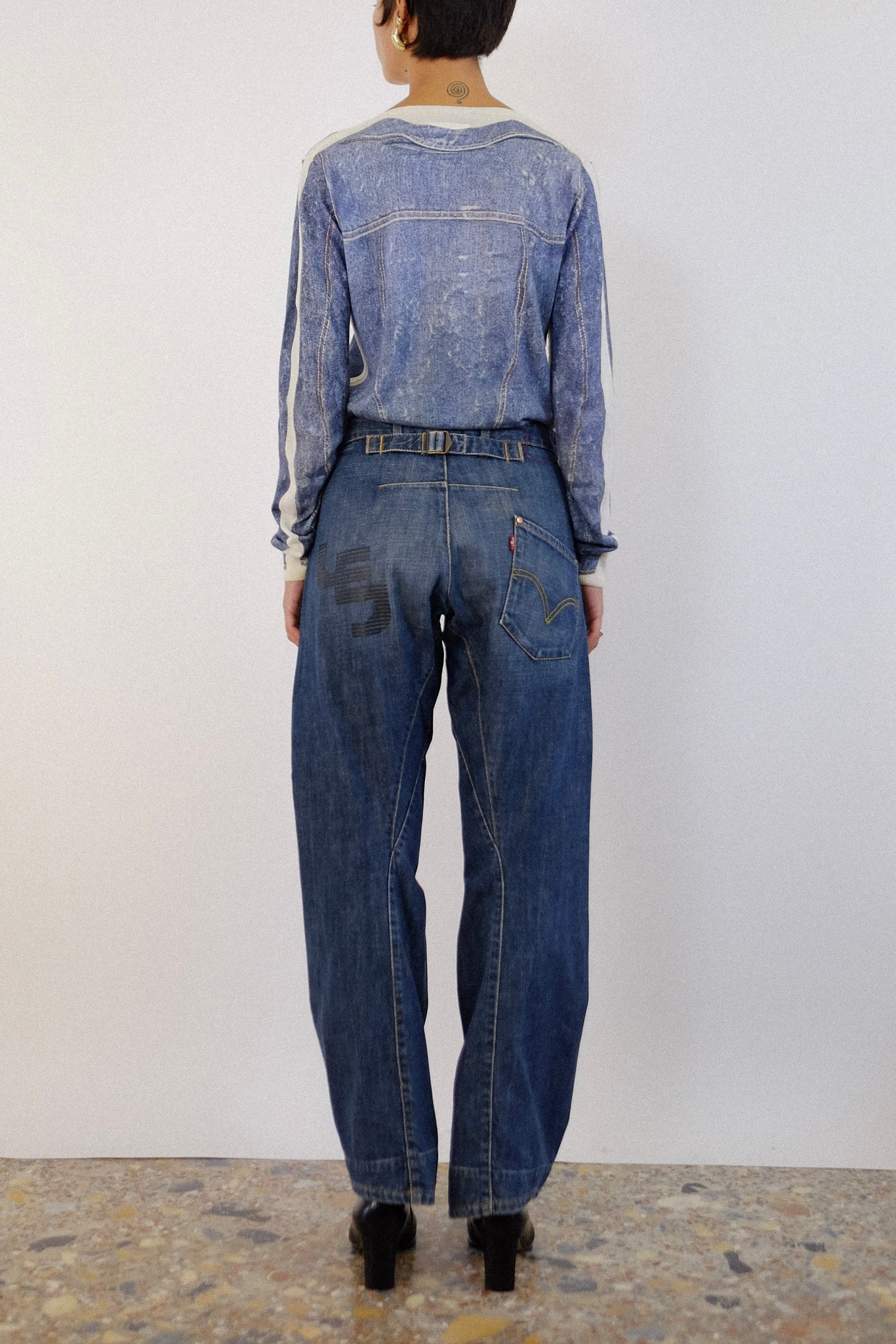D&G TROMPE L'OEIL CARDIGAN IN CREAM WITH PHOTO REALISTIC DENIM PRINT