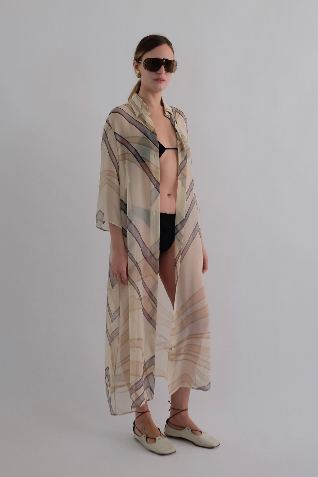 MAX MARA PURE SILK CHIFFON GEOMETRIC PRINT SHIRT DRESS IN CREAM