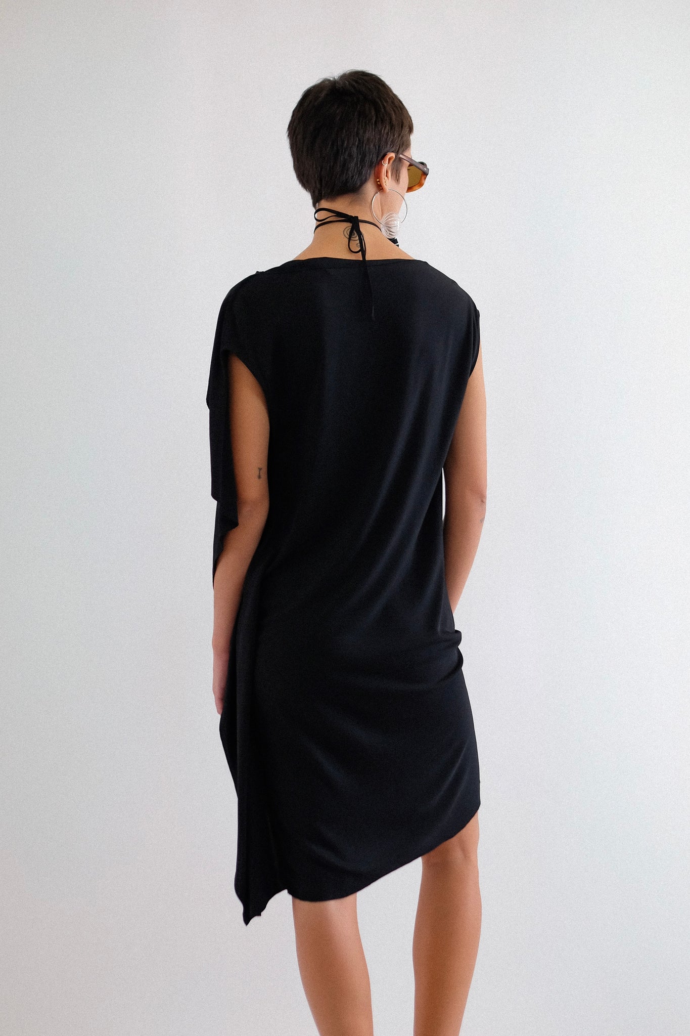 SALVATORE FERRAGAMO ASYMMETRIC DRAPED DRESS IN BLACK
