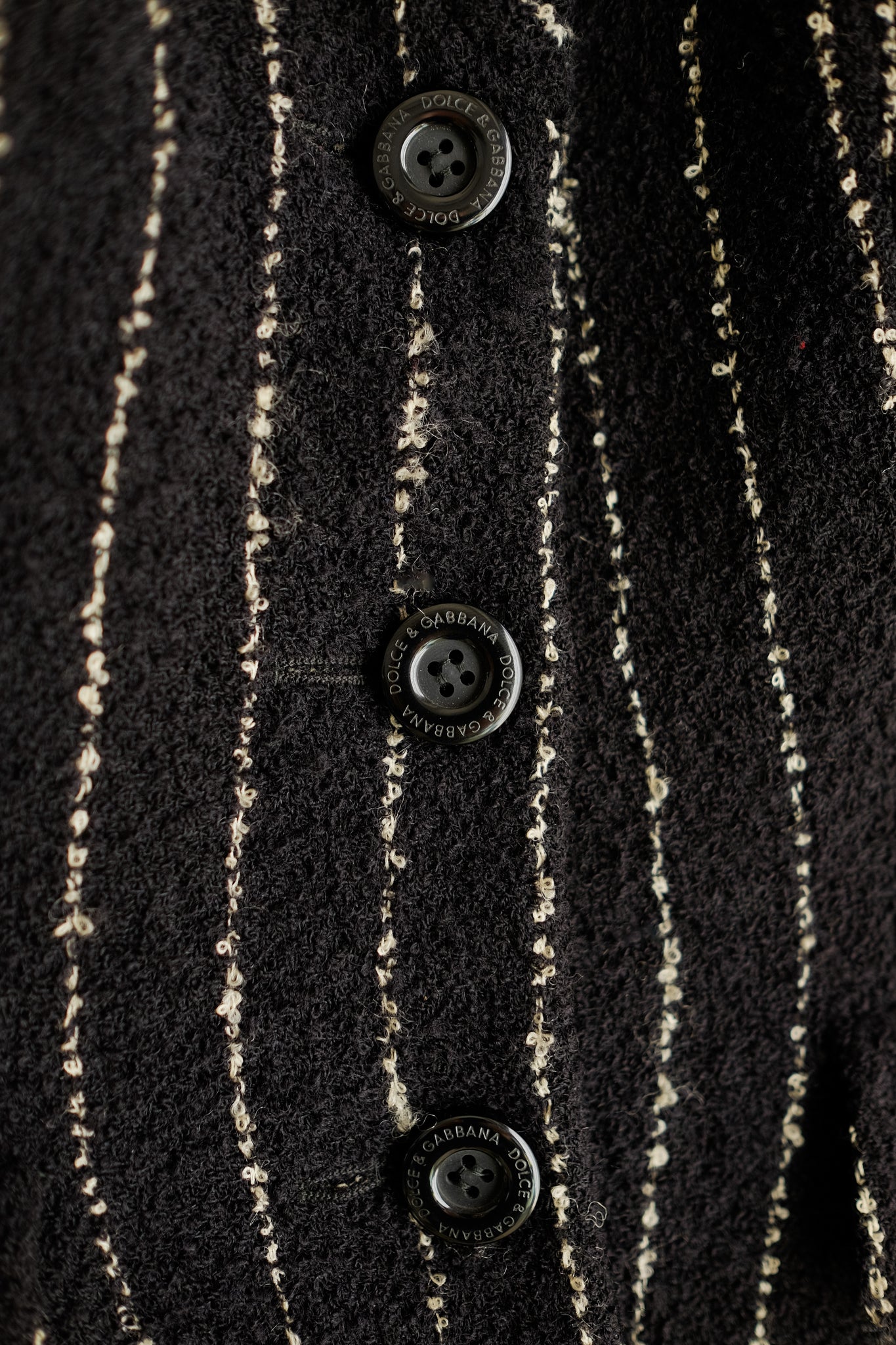 1980S DOLCE AND GABBANA TWEED BAR JACKET IN BLACK WITH WHITE STRIPES