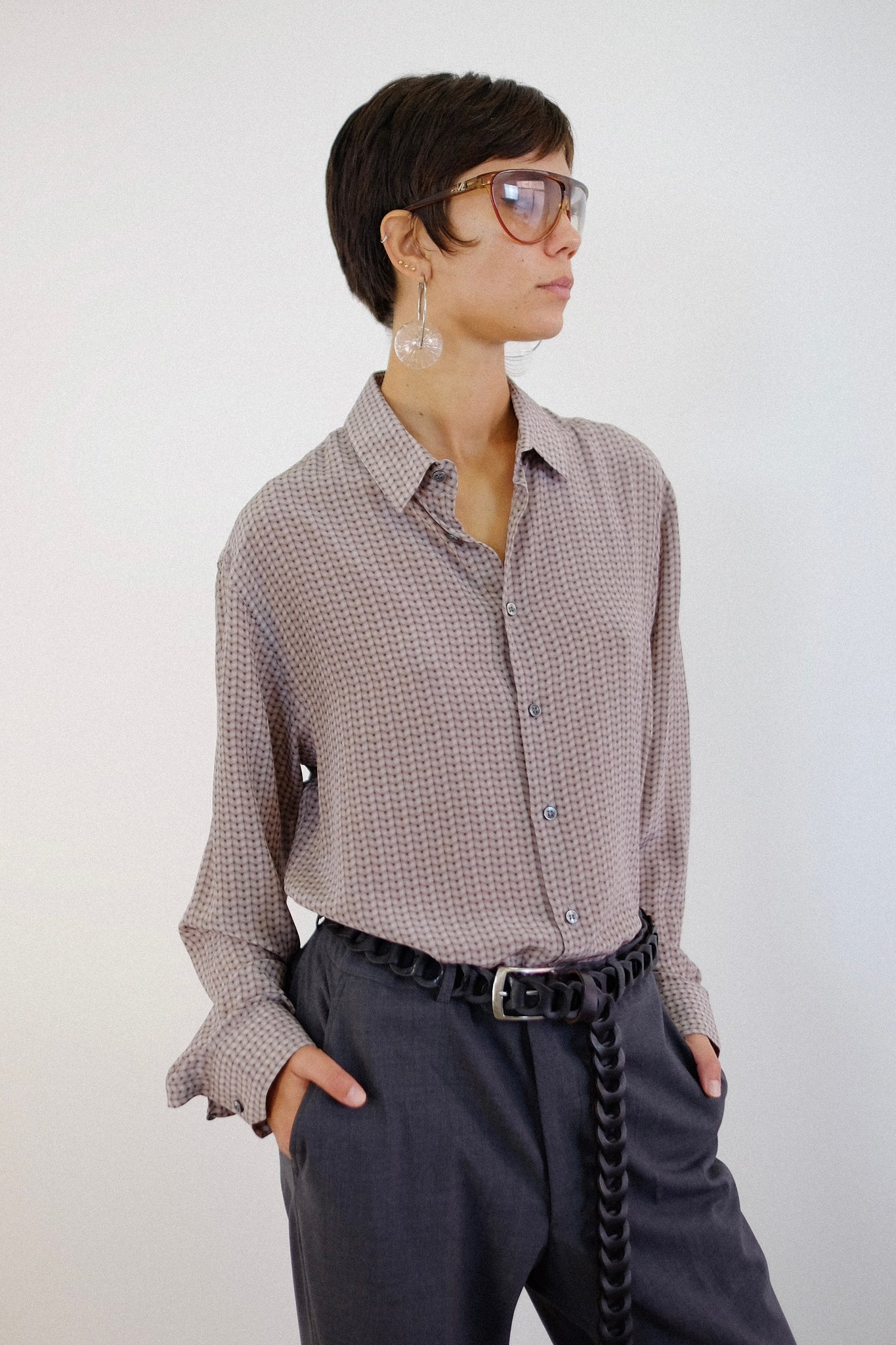 GIORGIO ARMANI TROMPE L'OEIL KNIT PRINT SILK SHIRT IN BROWN & BEIGE