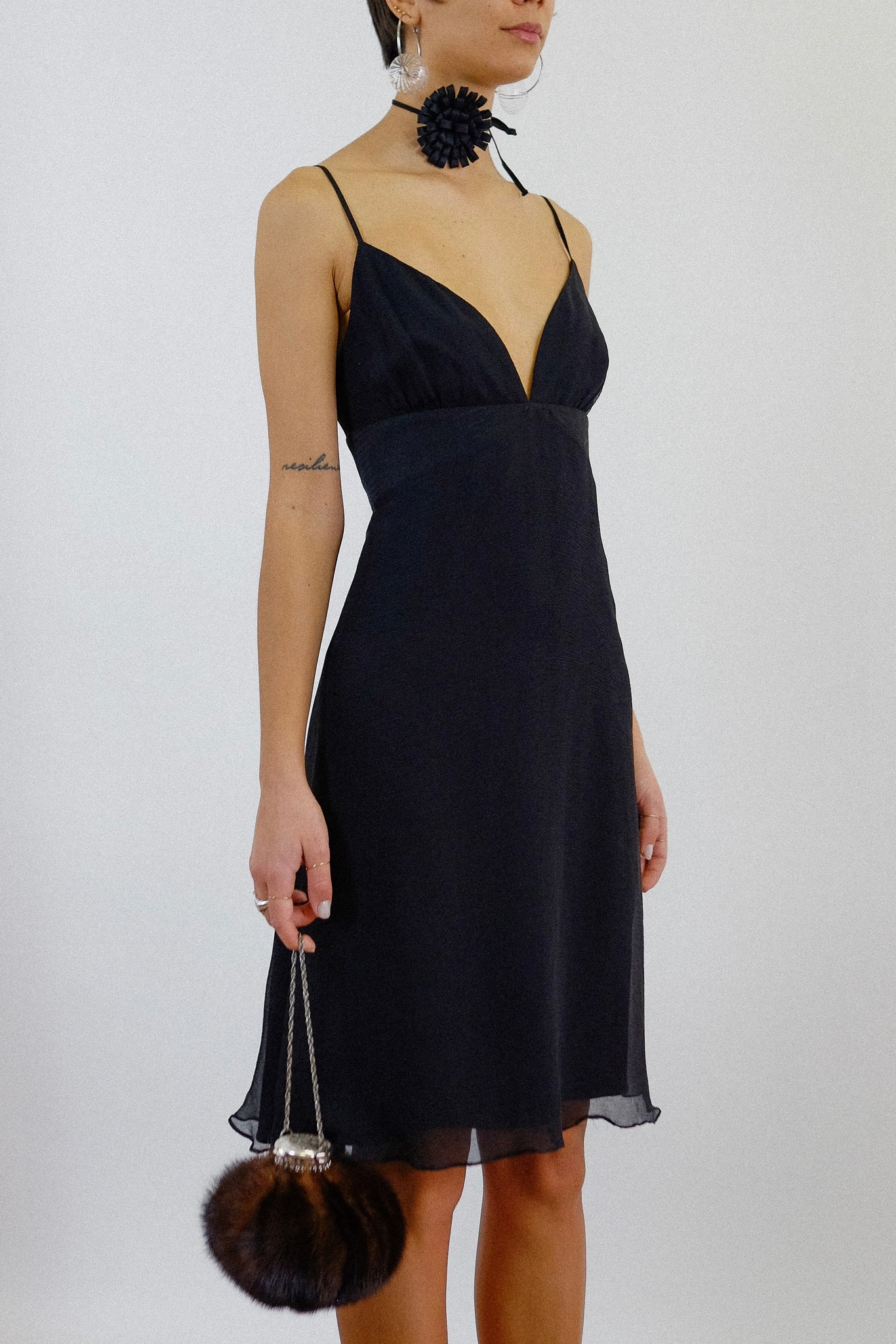 MAX MARA BIAS CUT EVENING DRESS WITH SILK ROSETTE NECKLACE IN BLACK
