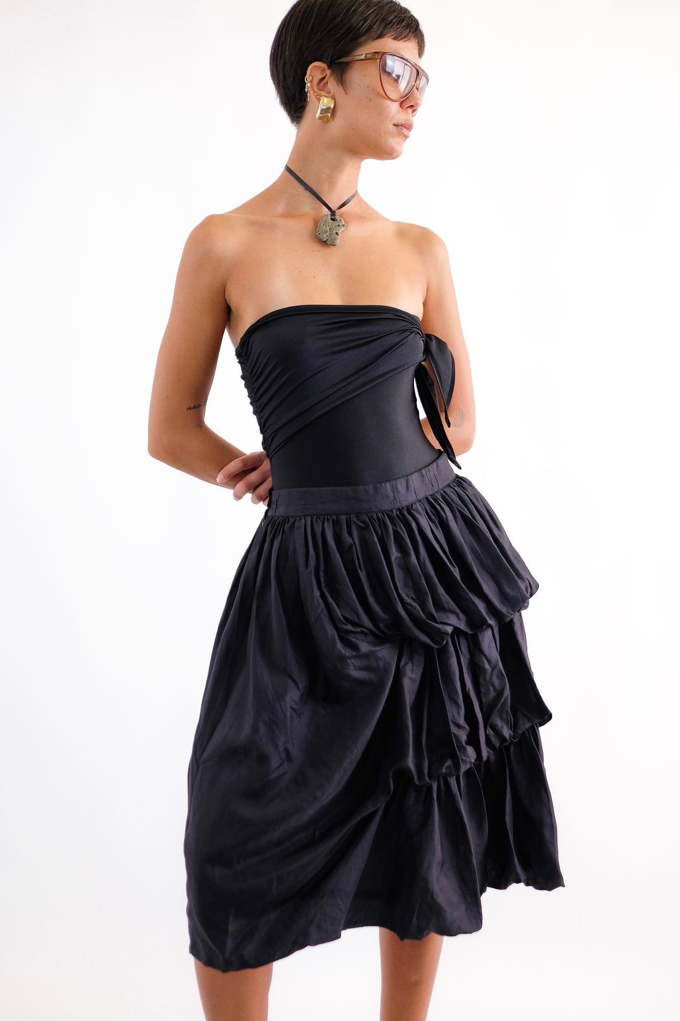 VINTAGE 80S GIANNI VERSACE TIERED PUFF SKIRT IN BLACK SILK
