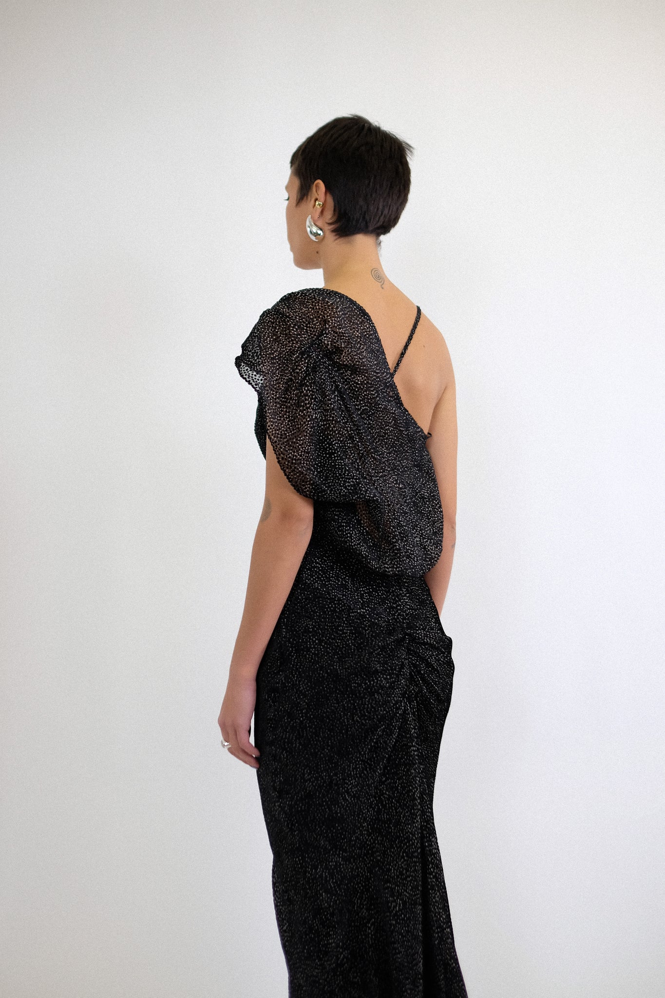 JOHN GALLIANO 2000s DRAPED GOWN IN BLACK AND WHITE DEVORÉ