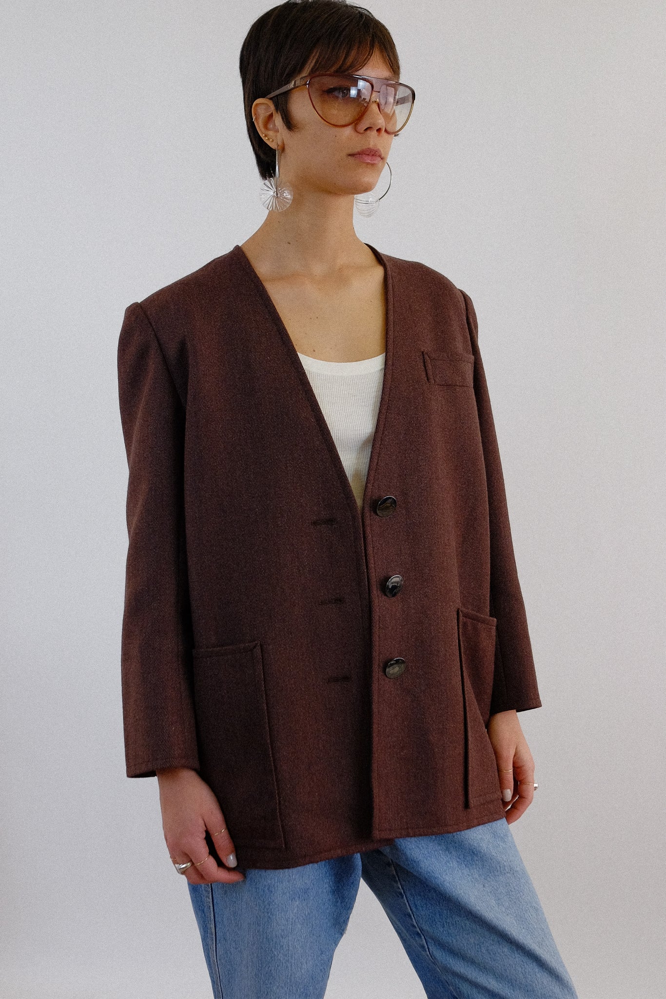 YVES SAINT LAURENT RELAXED COLLARLESS JACKET IN BROWN