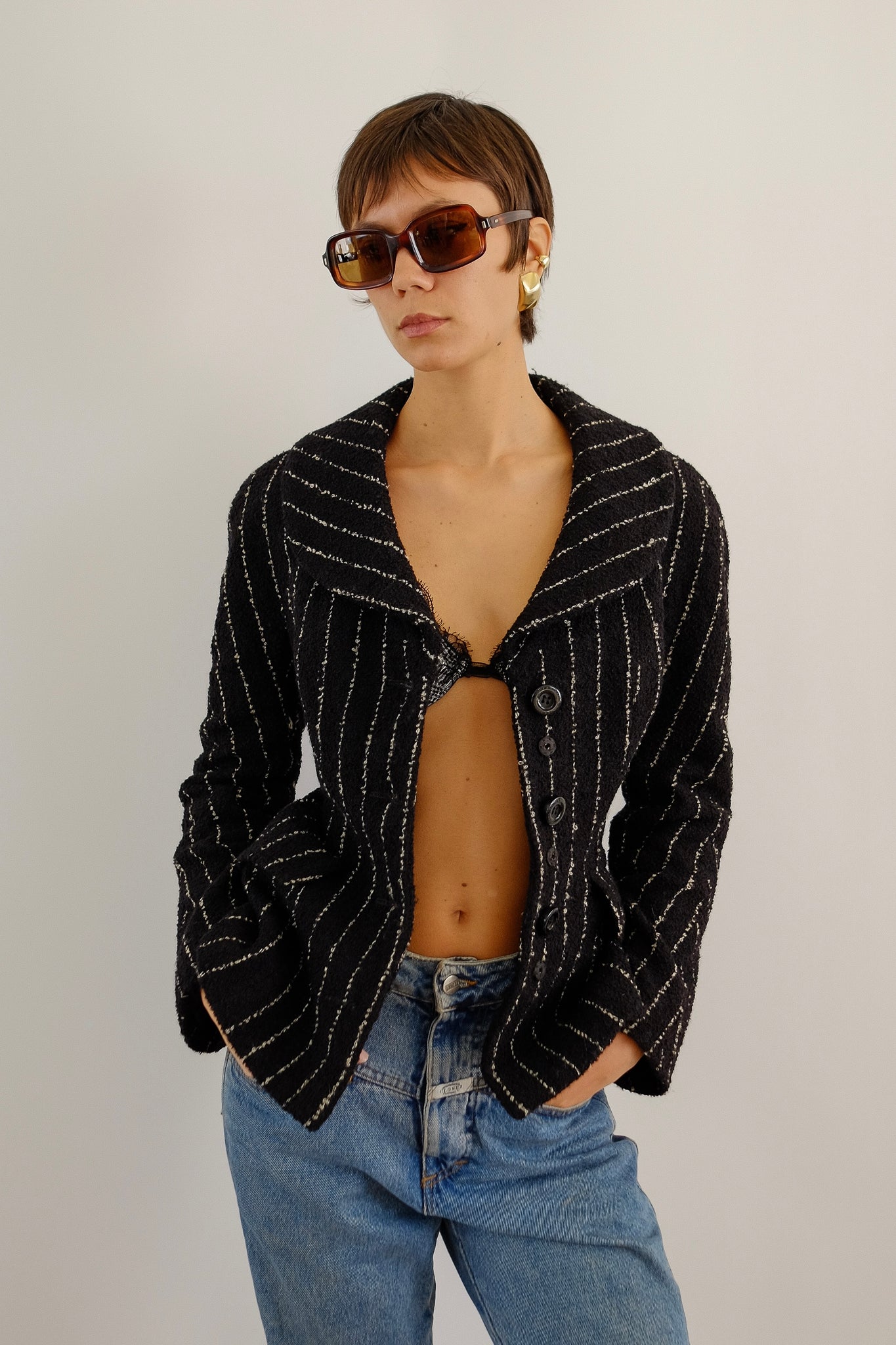 1980S DOLCE AND GABBANA TWEED BAR JACKET IN BLACK WITH WHITE STRIPES