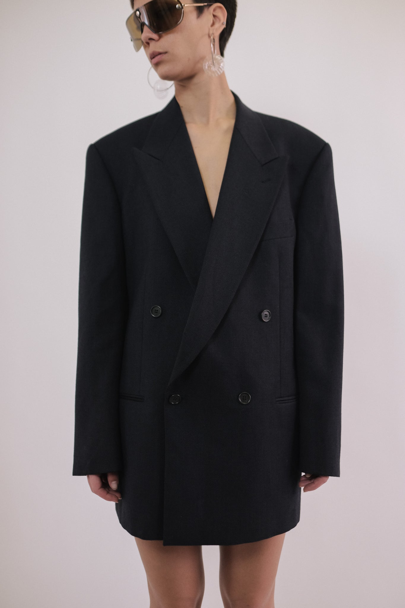 GIORGIO ARMANI DOUBLE BREASTED WOOL BLAZER IN BLACK AND NAVY