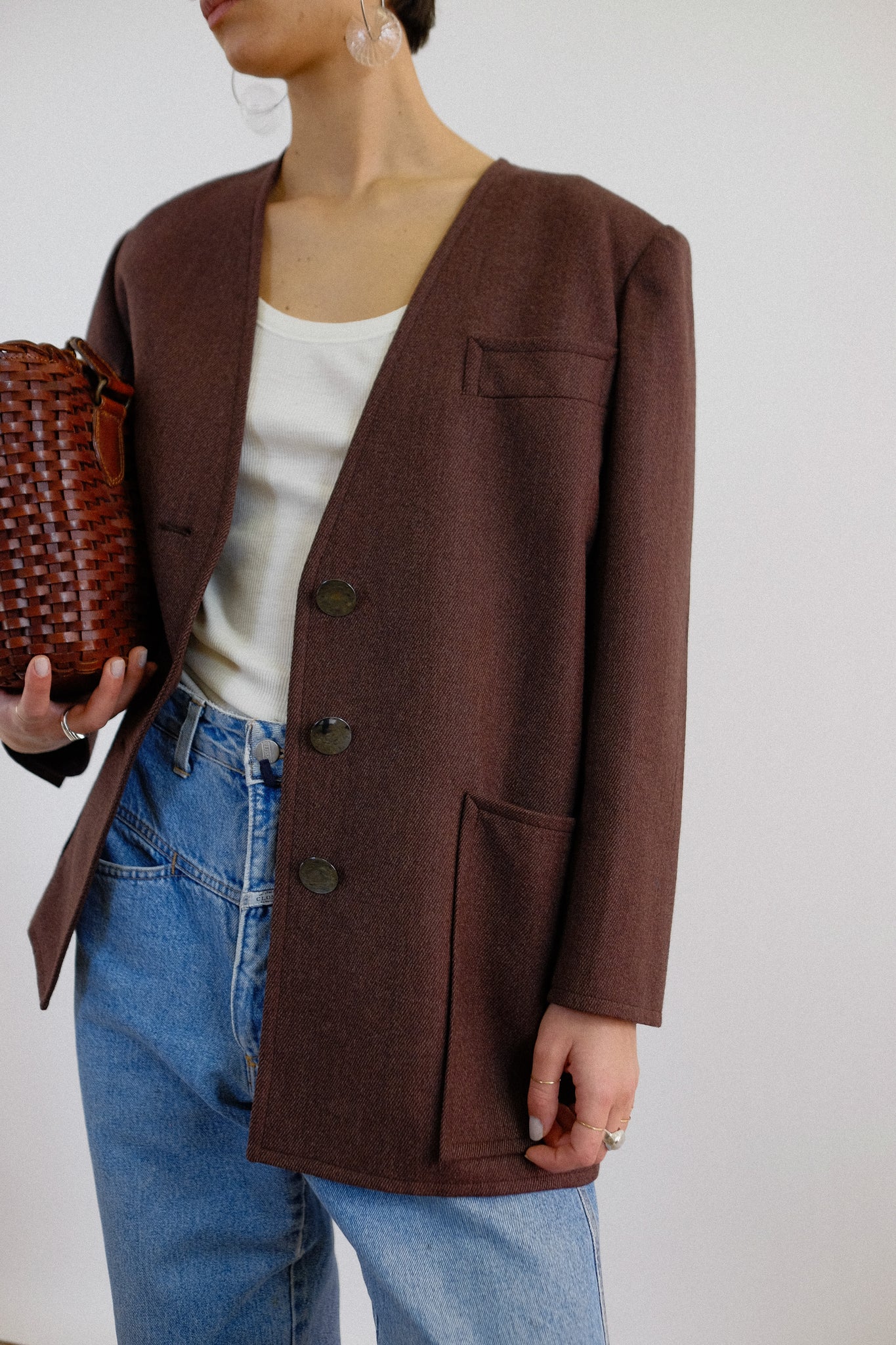 YVES SAINT LAURENT RELAXED COLLARLESS JACKET IN BROWN
