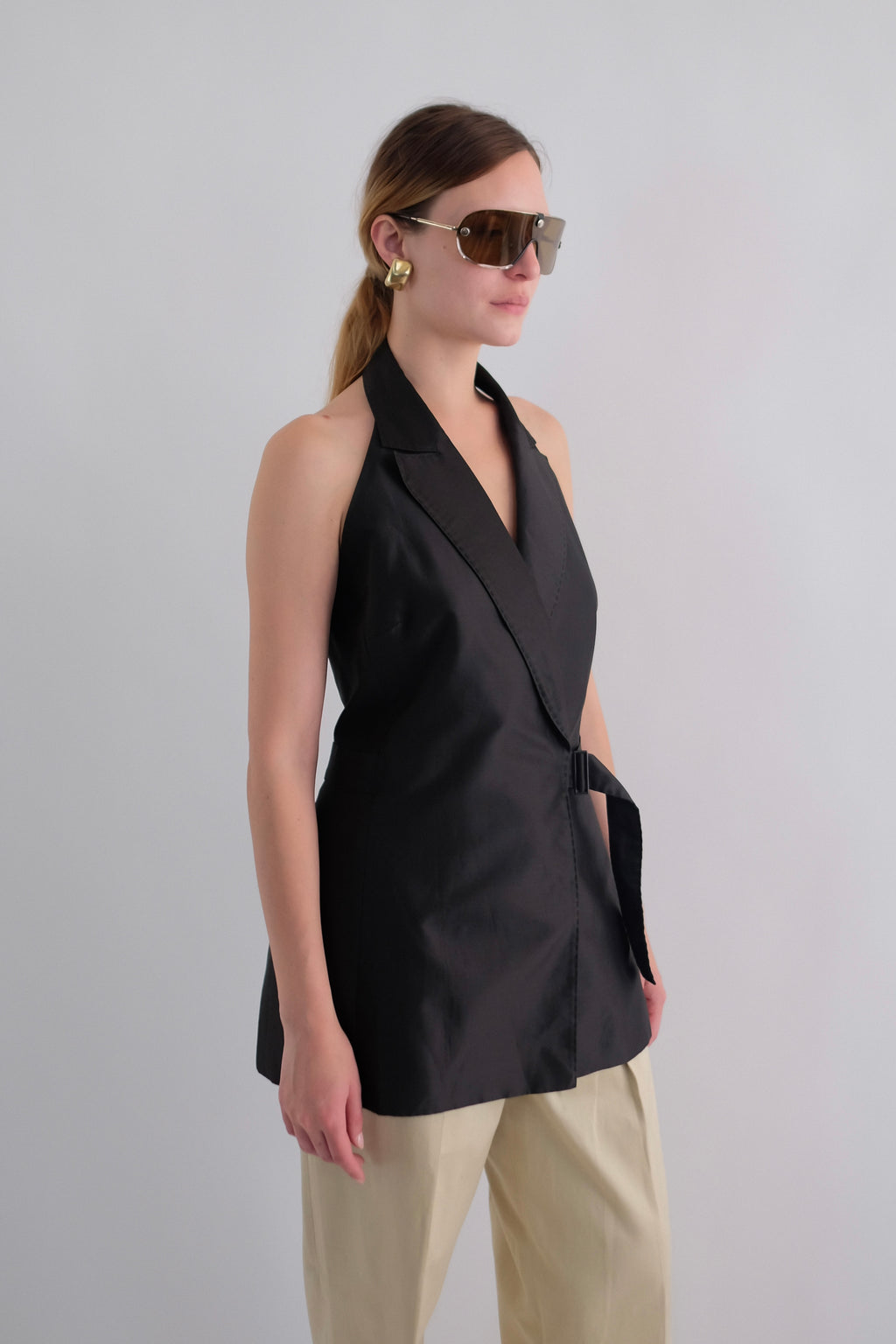 MAX MARA PIANOFORTE SILK BLEND TAILORED WRAP HALTER TOP IN BLACK