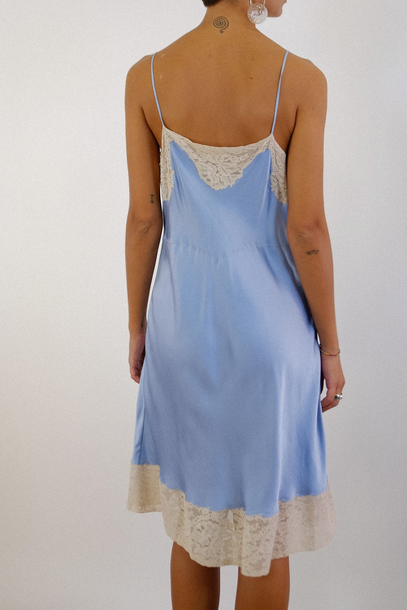 ANTIQUE 1940S SILK & LACE ENCRUSTED SLIP DRESS IN EMBROIDERED BABY BLUE