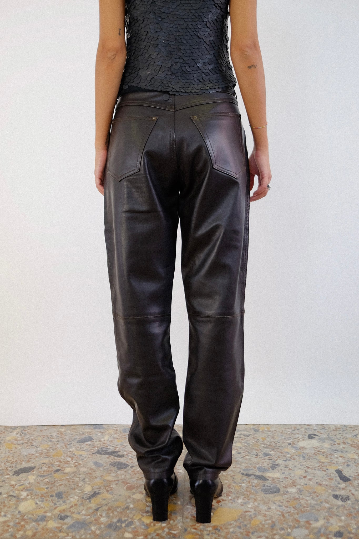 80S MARITHÉ FRANÇOIS GIRBAUD CLOSED LEATHER PANTS IN CHOCOLATE BROWN