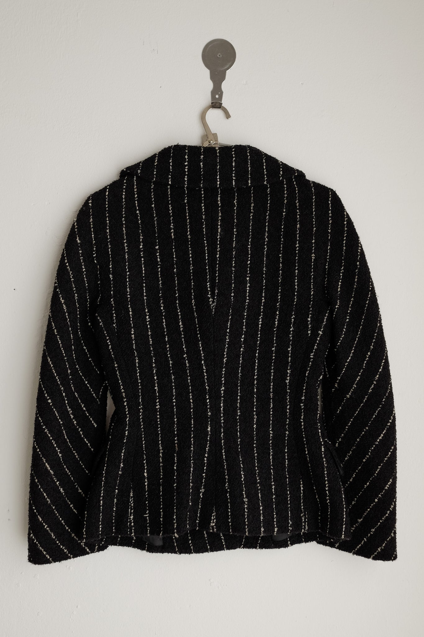 1980S DOLCE AND GABBANA TWEED BAR JACKET IN BLACK WITH WHITE STRIPES