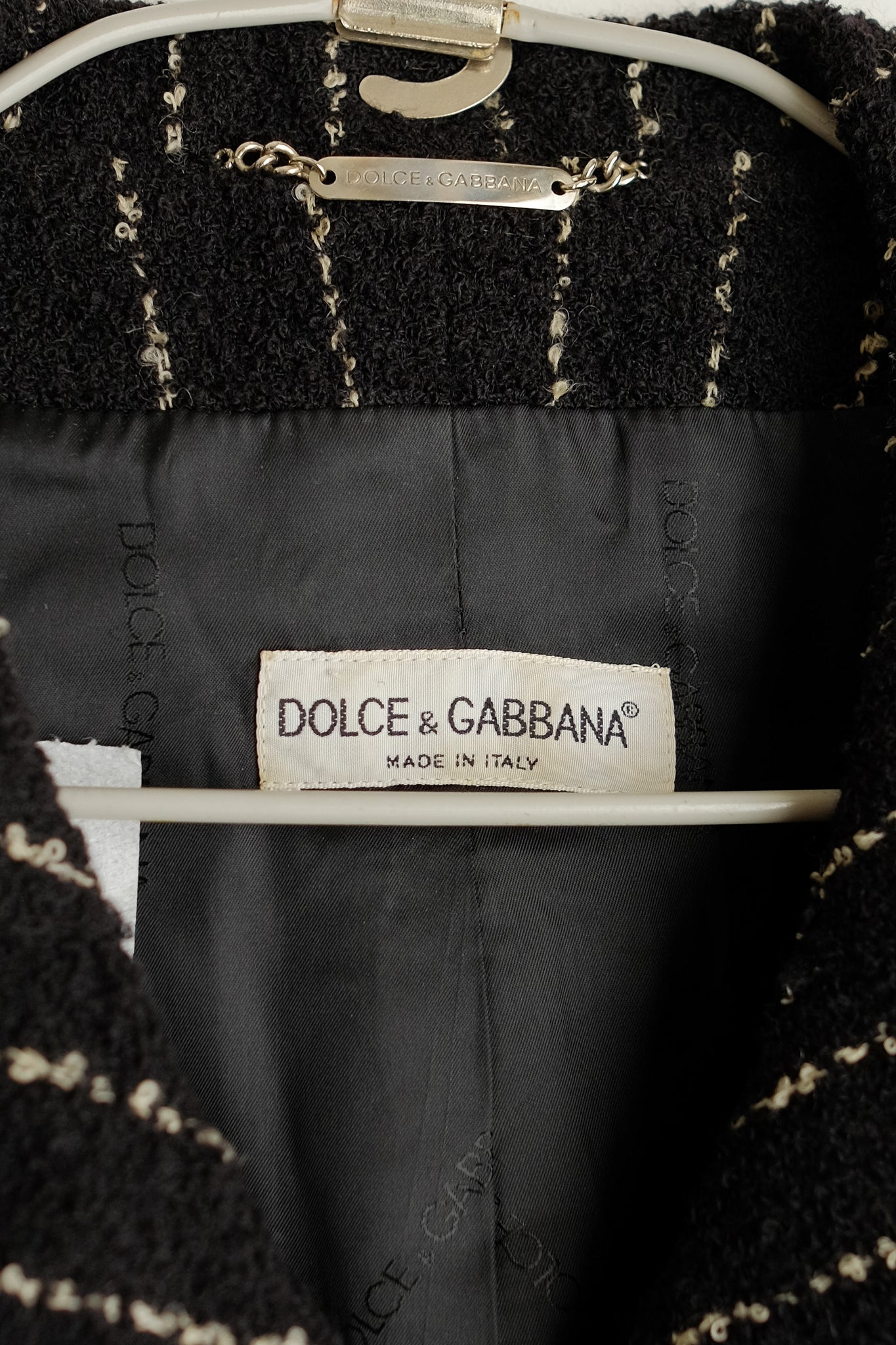1980S DOLCE AND GABBANA TWEED BAR JACKET IN BLACK WITH WHITE STRIPES