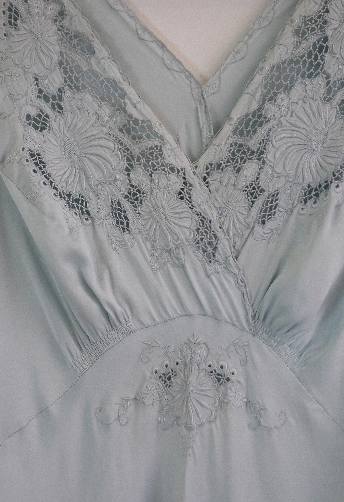 1940s HAND EMBROIDERED BIAS CUT SILK GOWN IN DUCK EGG BLUE
