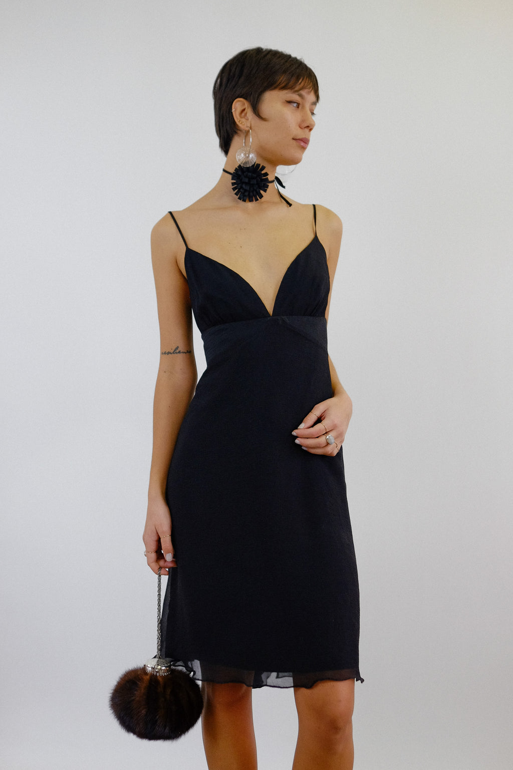 MAX MARA BIAS CUT EVENING DRESS WITH SILK ROSETTE NECKLACE IN BLACK
