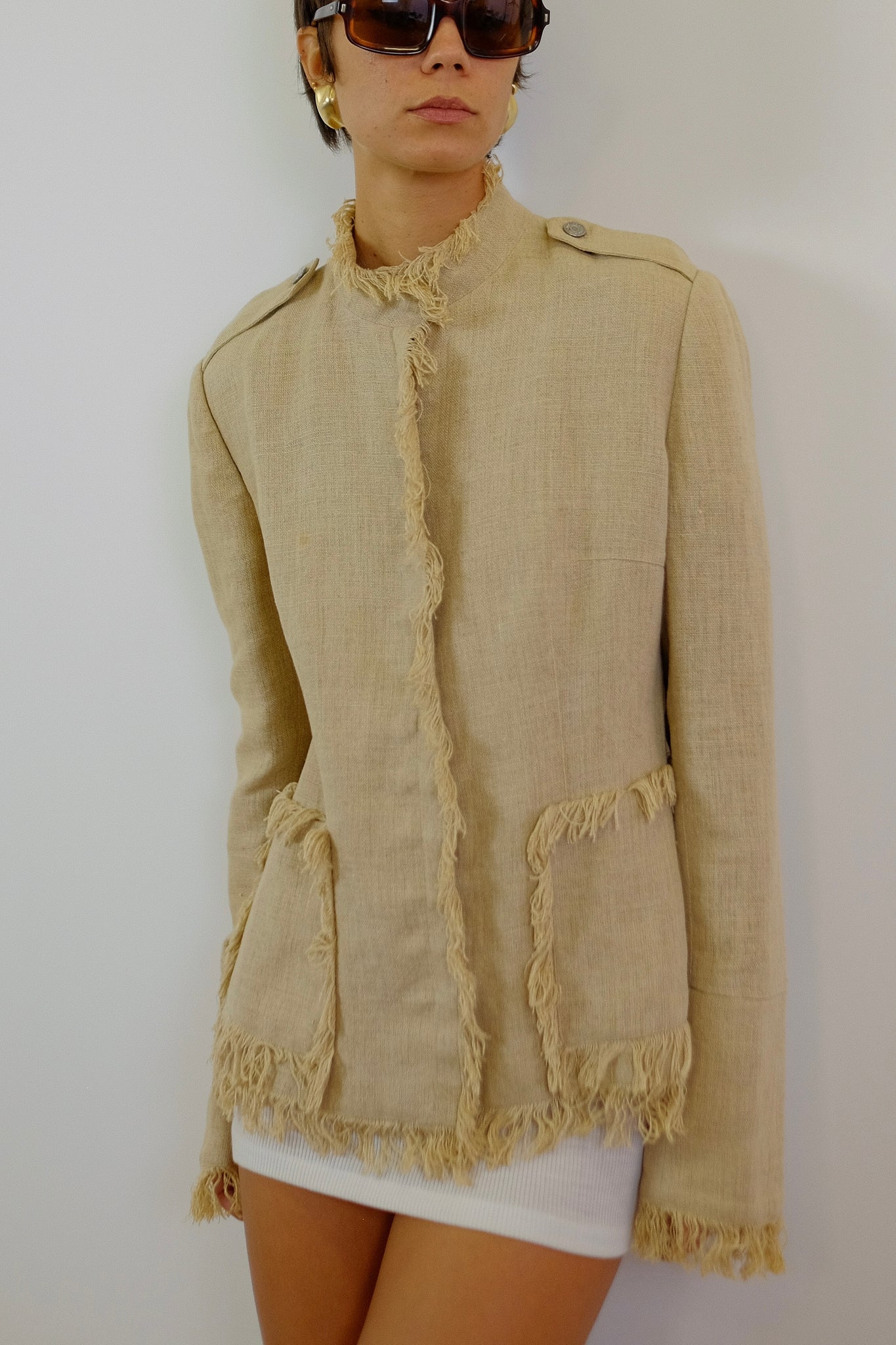 DOLCE AND GABBANA LINEN FRAY JACKET IN BEIGE