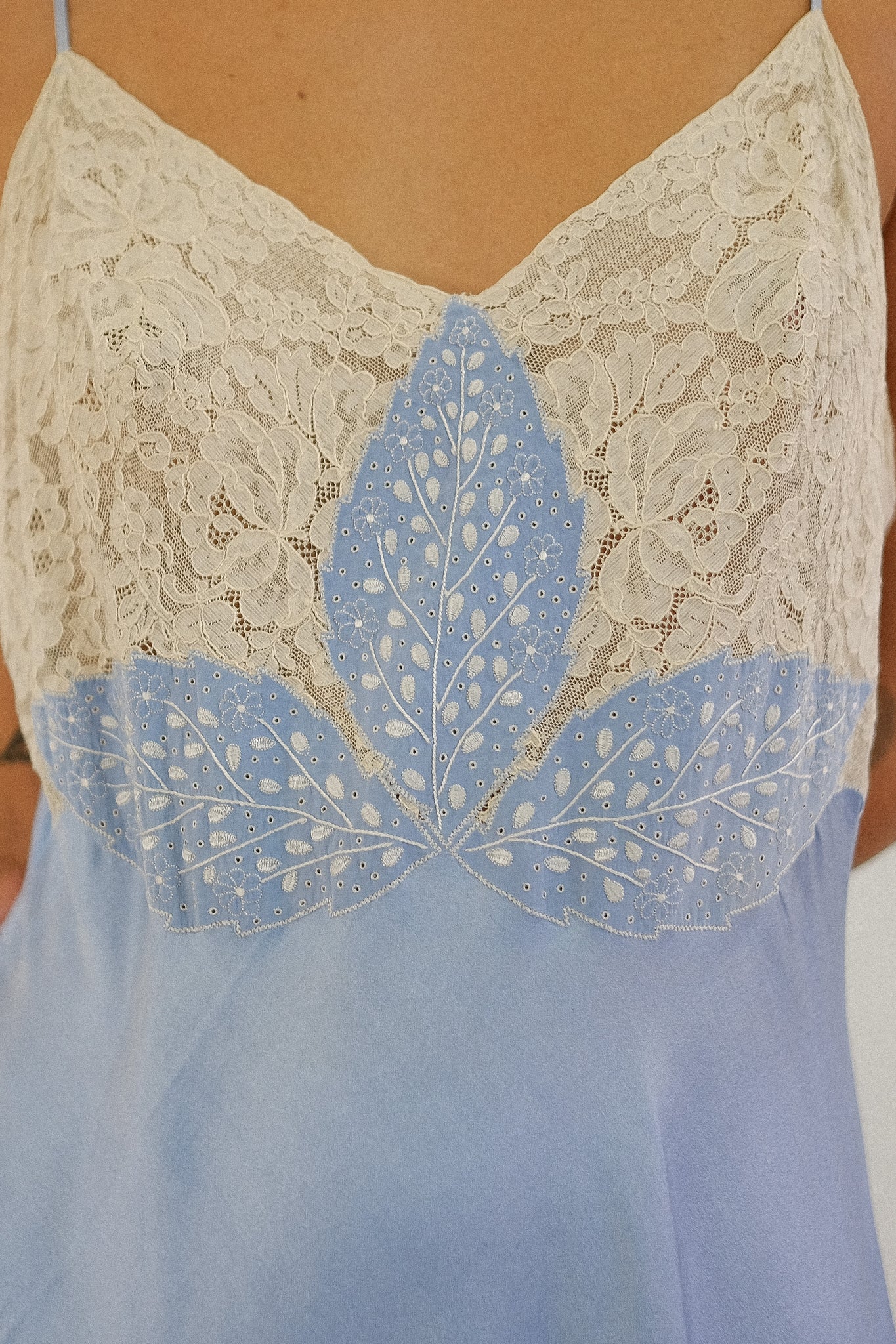 ANTIQUE 1940S SILK & LACE ENCRUSTED SLIP DRESS IN EMBROIDERED BABY BLUE