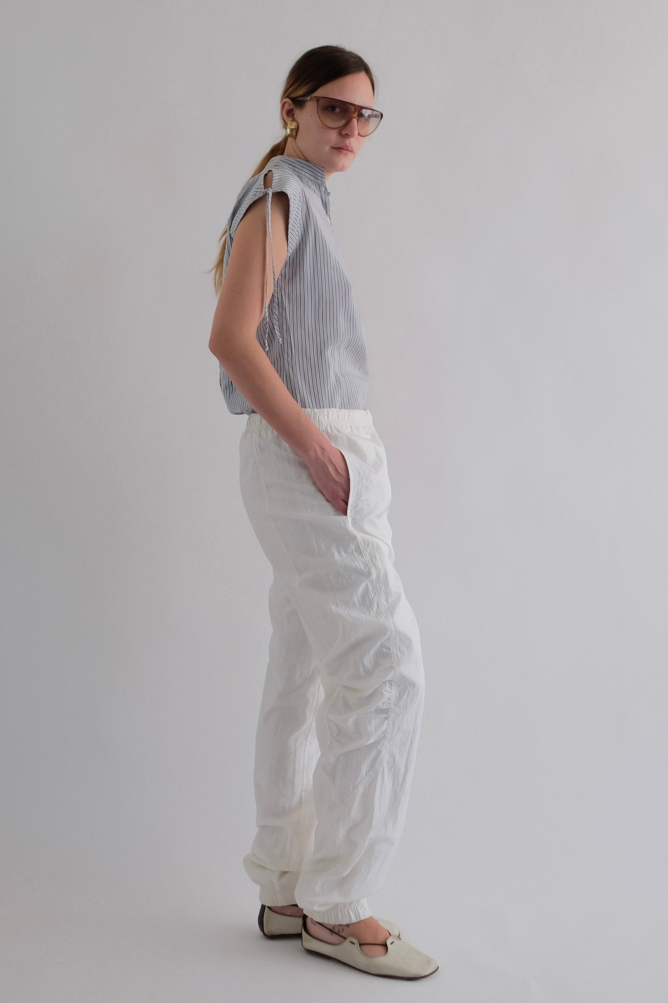 80S SERGIO TACCHINI PANELED-RUCHED SPORT PANTS IN WHITE
