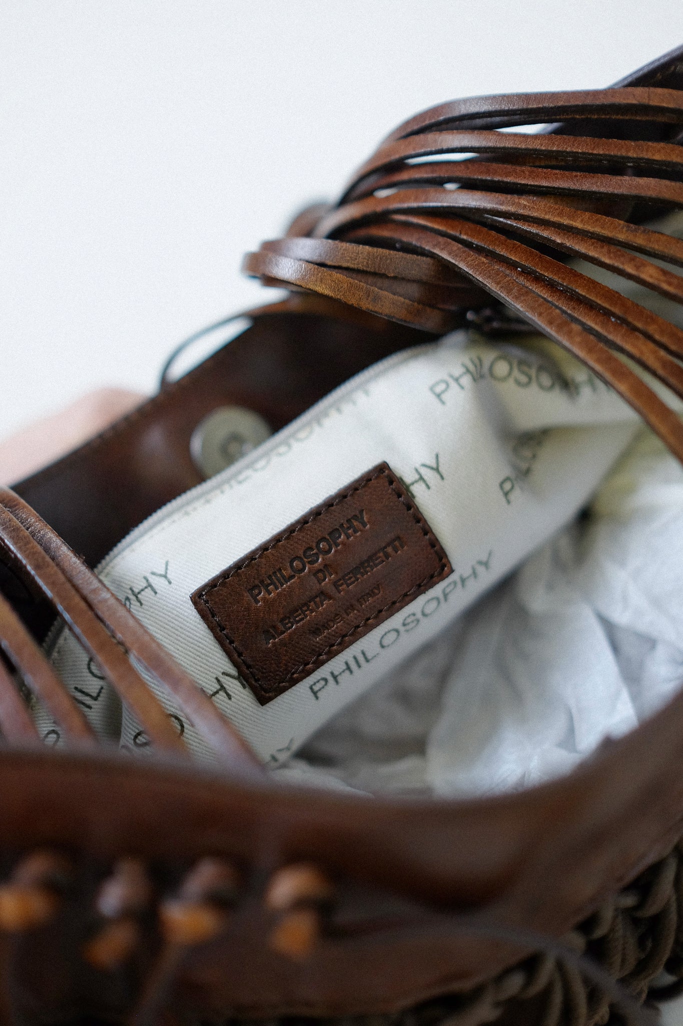 PHILOSOPHY BY ALBERTA FERRETTI WOVEN LEATHER & KNIT BAG IN CHOCOLATE BROWN