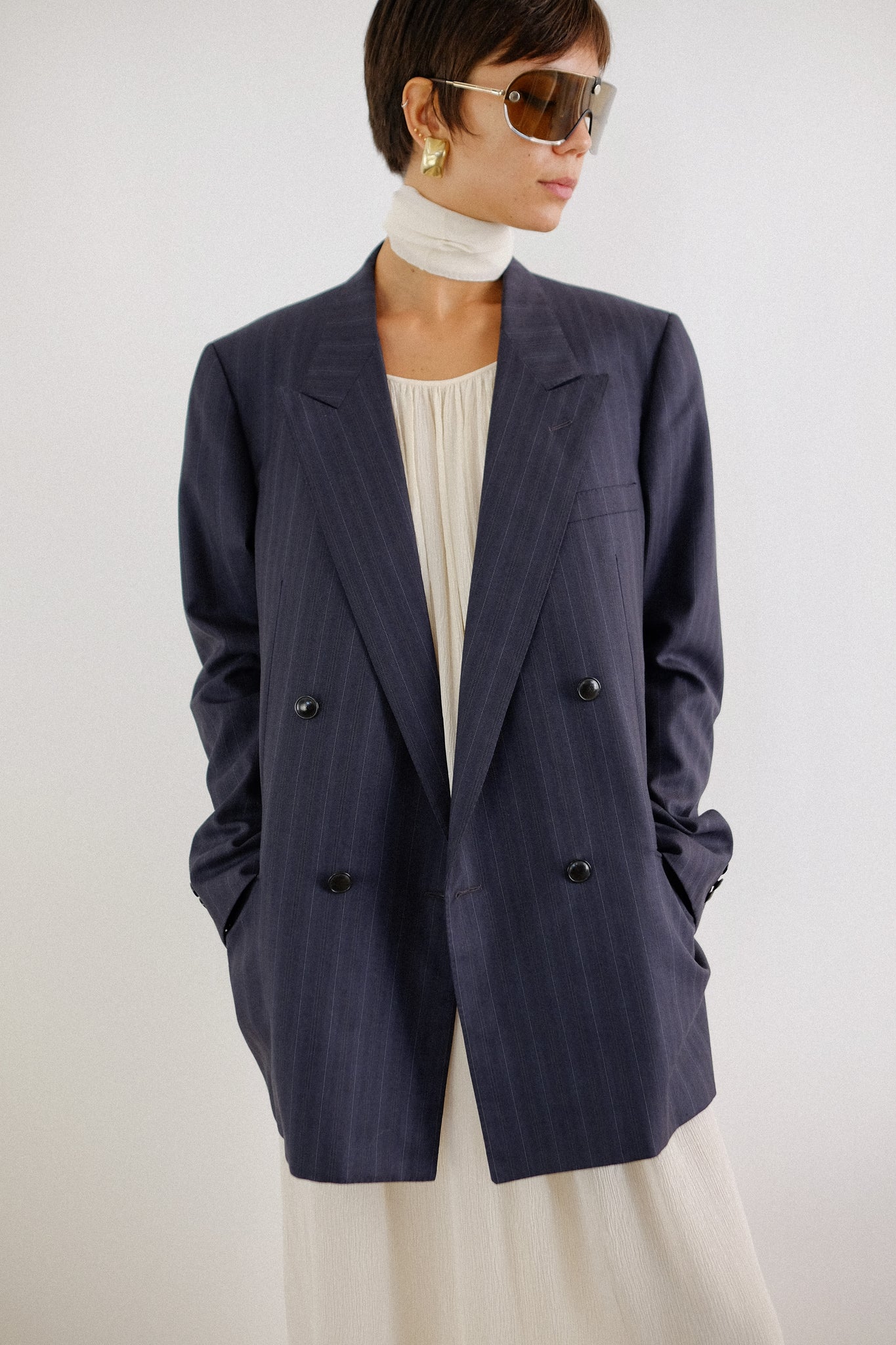 YSL PINSTRIPE DOUBLE BREASTED BLAZER IN DARK GREY STRIPE