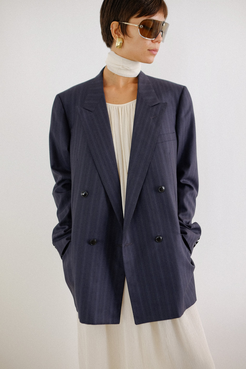 YSL PINSTRIPE DOUBLE BREASTED BLAZER IN DARK GREY STRIPE