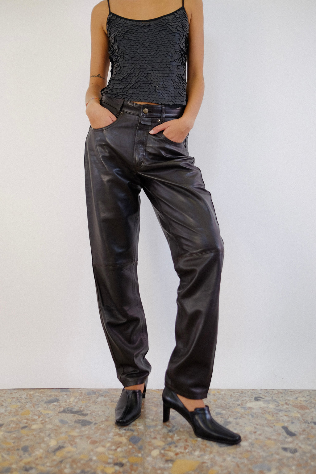 80S MARITHÉ FRANÇOIS GIRBAUD CLOSED LEATHER PANTS IN CHOCOLATE BROWN