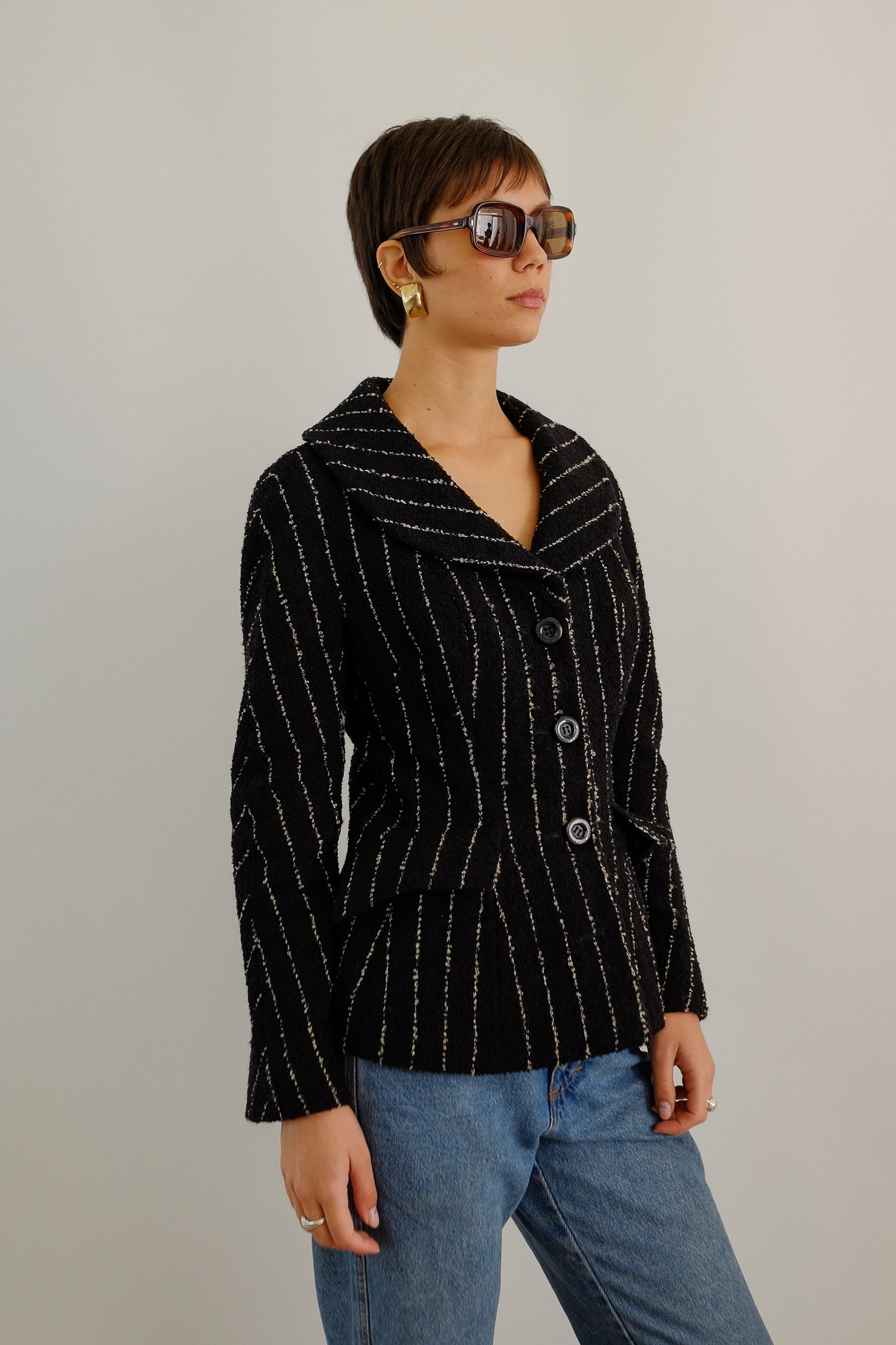 1980S DOLCE AND GABBANA TWEED BAR JACKET IN BLACK WITH WHITE STRIPES