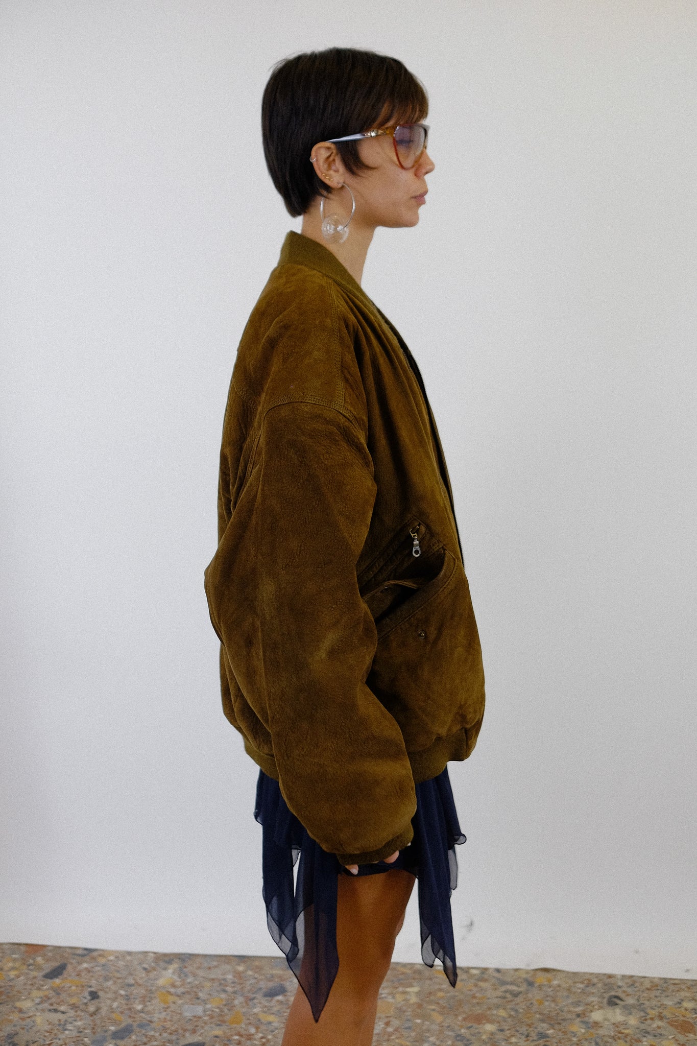 80S “WATCH THE FUTURE” SUEDE LEATHER BOMBER IN CHOCOLATE BROWN