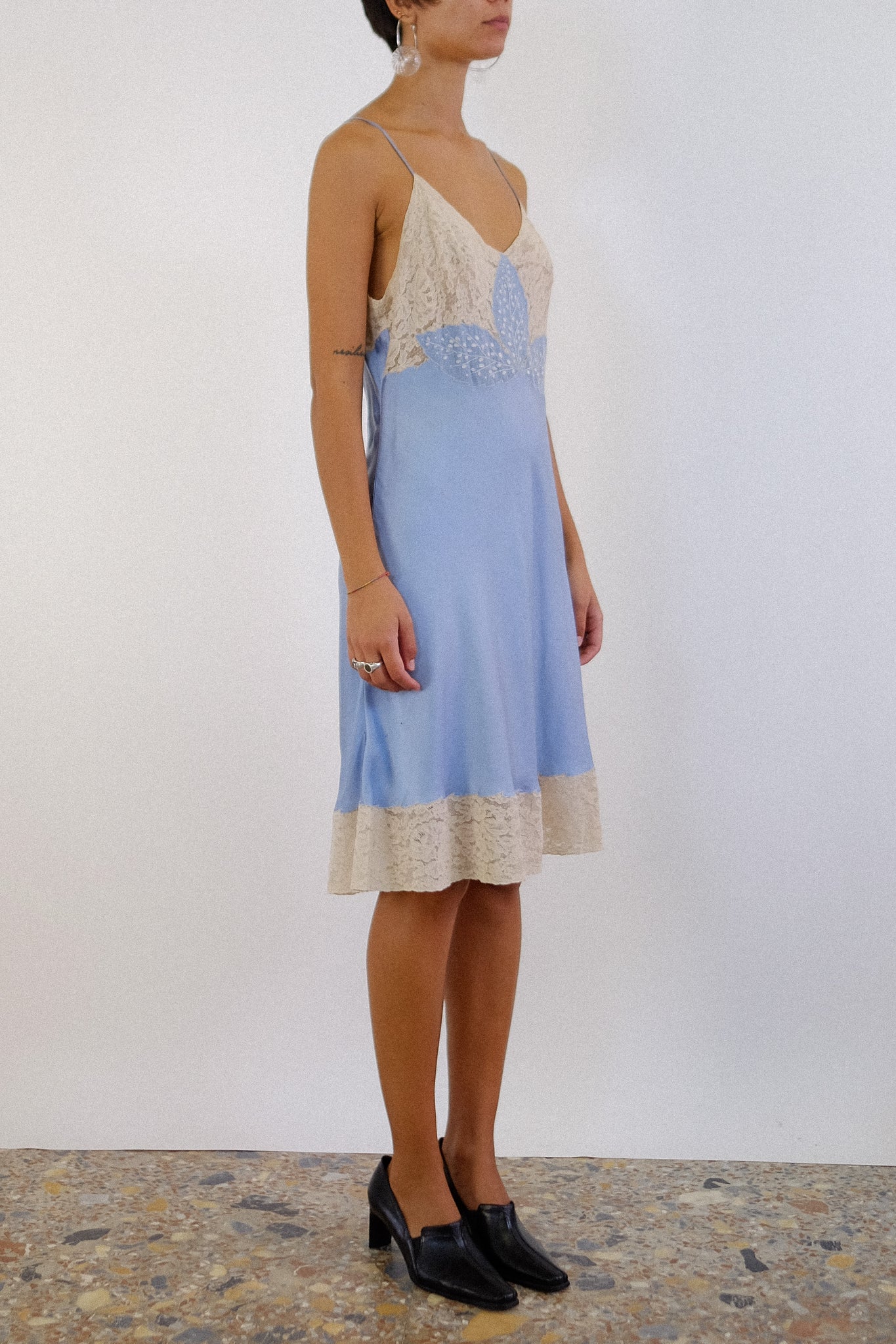 ANTIQUE 1940S SILK & LACE ENCRUSTED SLIP DRESS IN EMBROIDERED BABY BLUE