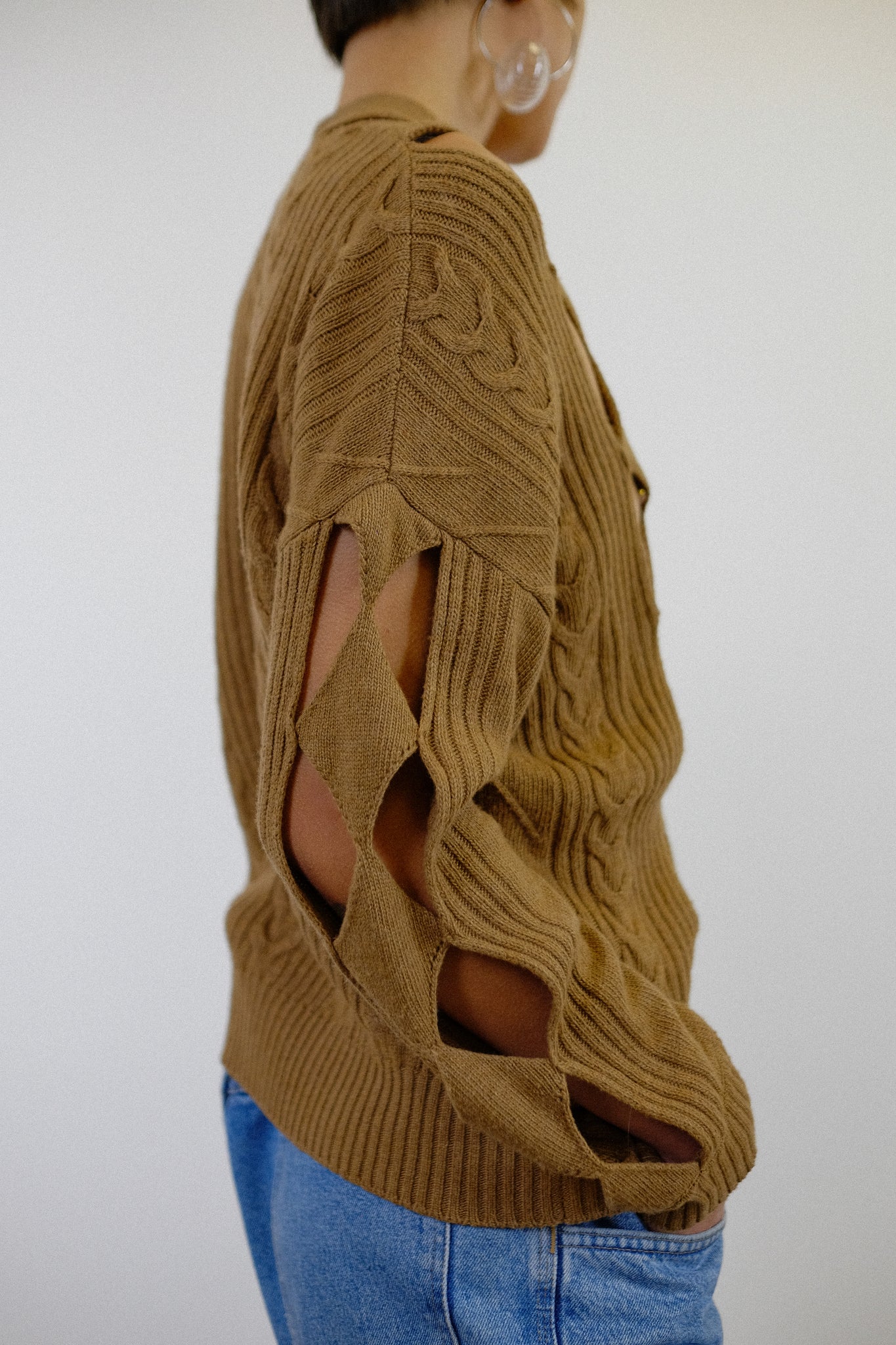 BOUTIQUE MOSCHINO OPEN KNIT JUMPER IN CARAMEL BROWN