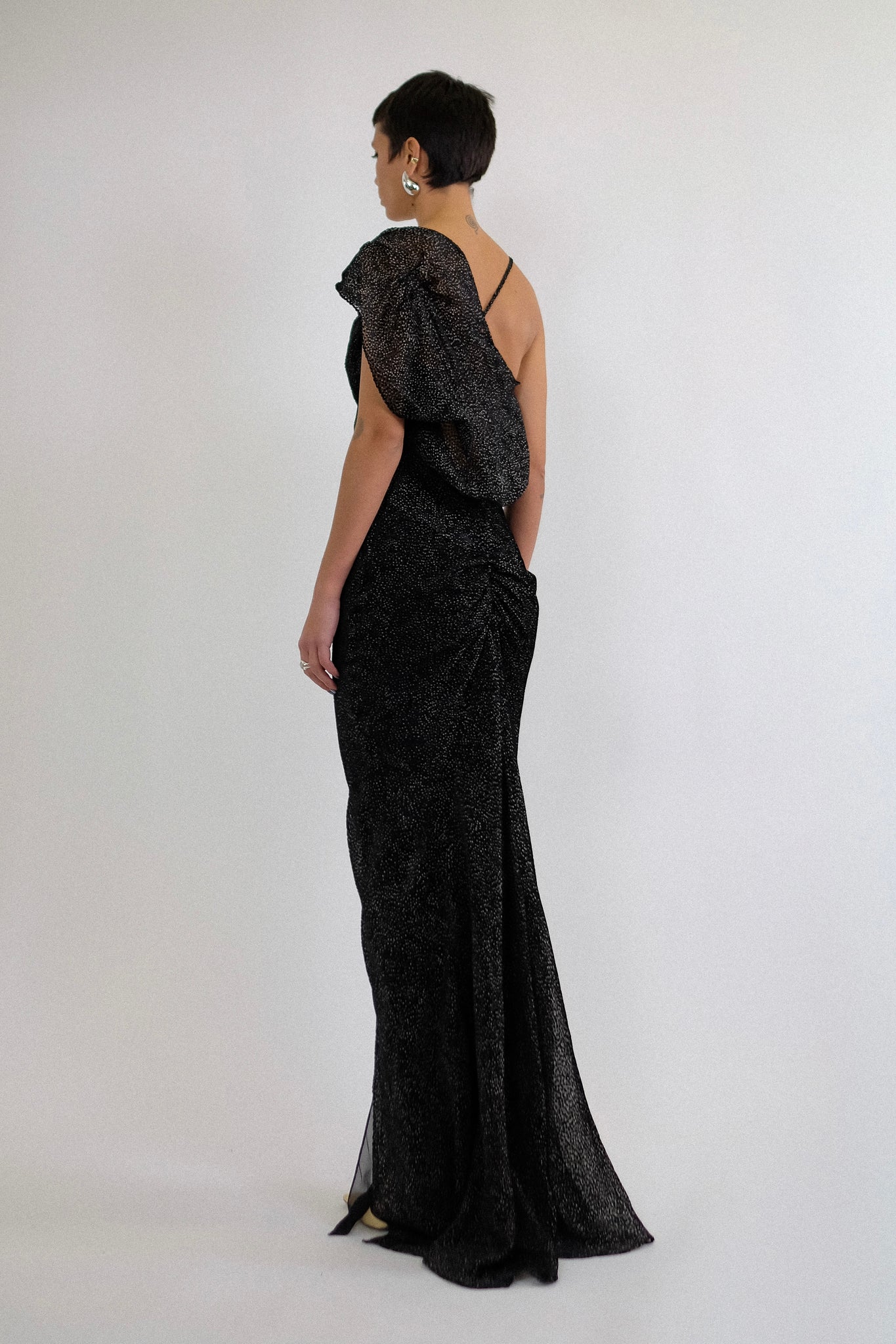 JOHN GALLIANO 2000s DRAPED GOWN IN BLACK AND WHITE DEVORÉ