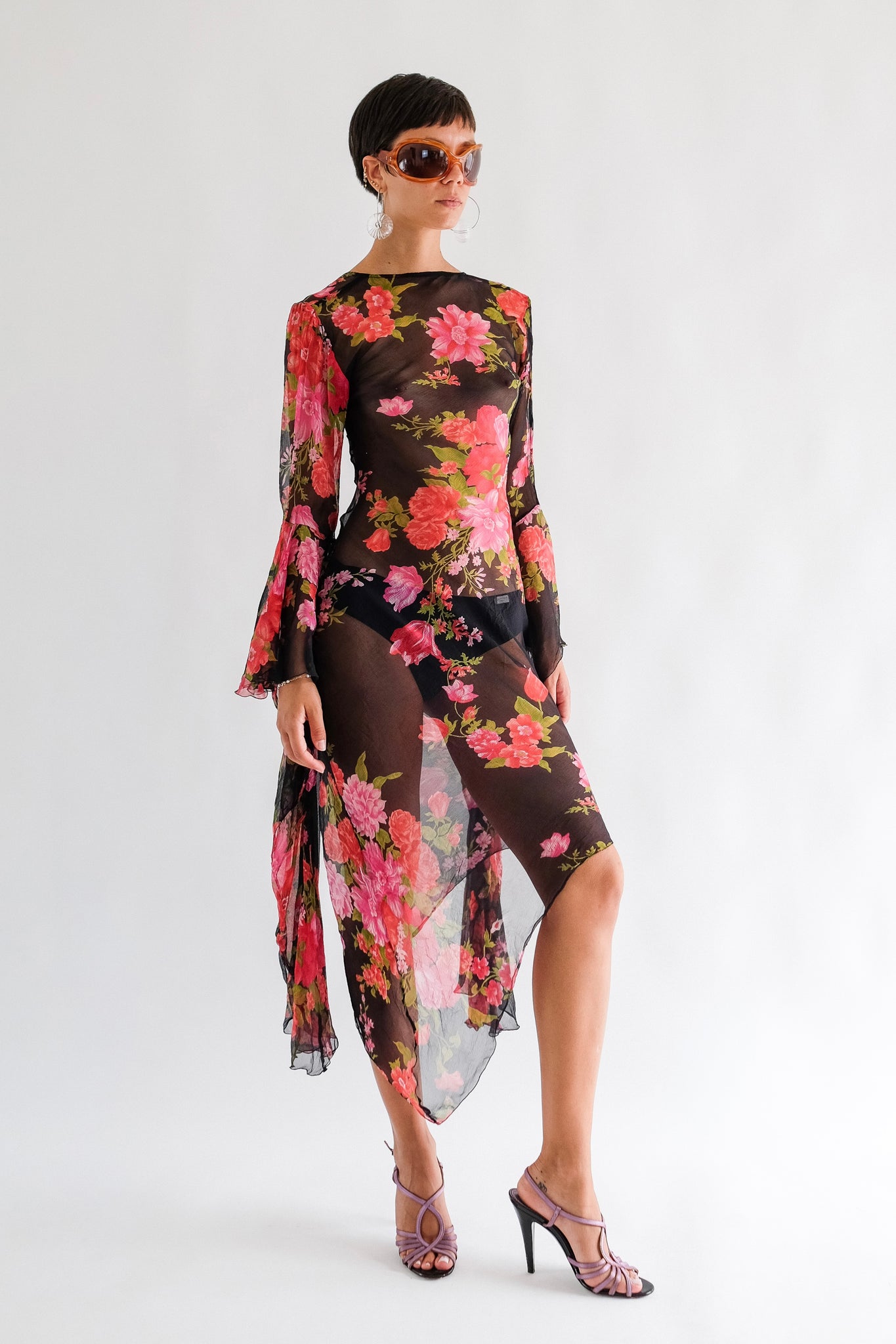 FLORAL BIAS CUT SEMI-SHEER TENDRIL DRESS IN SILK FLOREAL