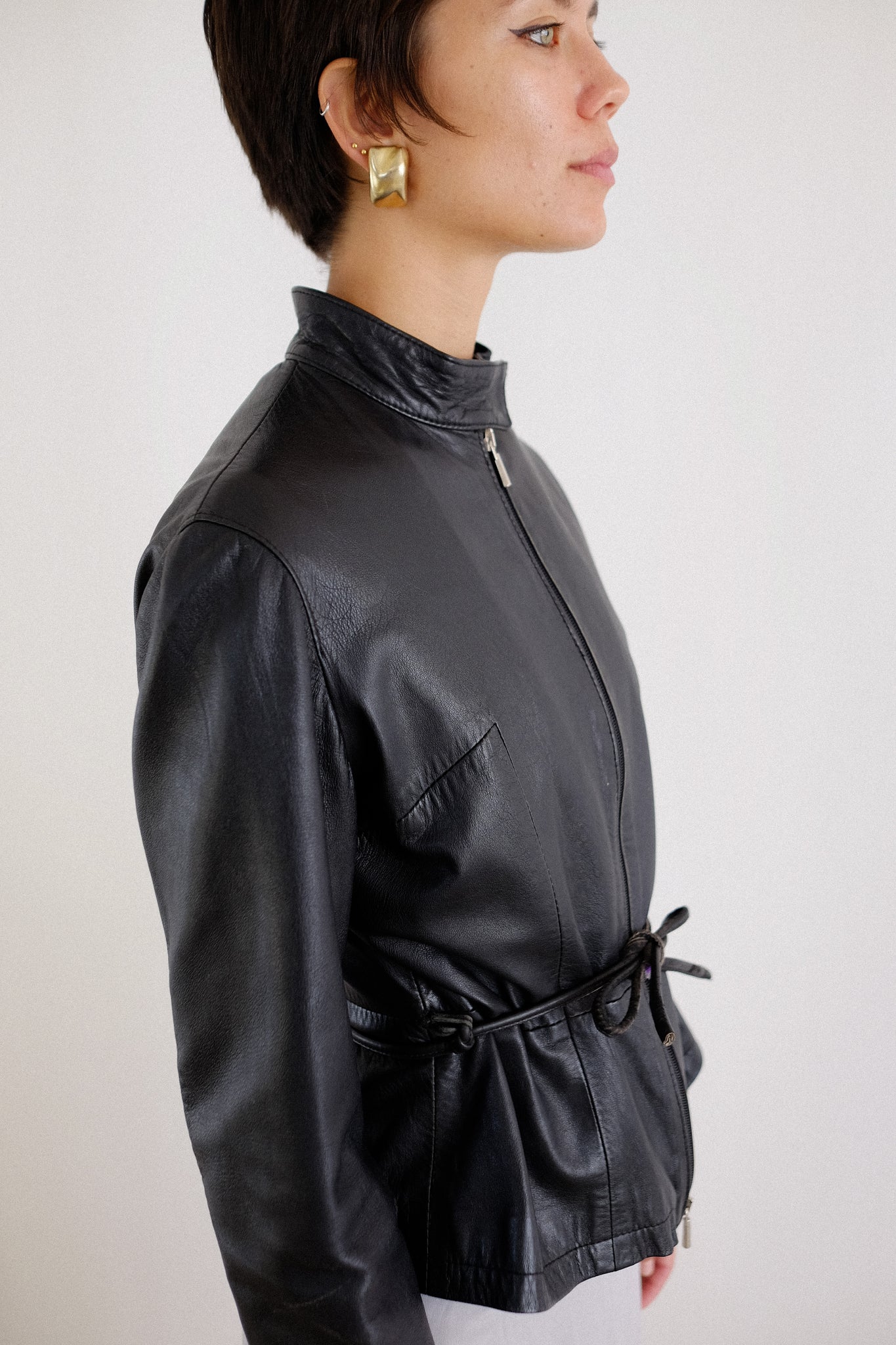 OVERPELL ITALIAN TIE WAIST BUTTERSOFT LEATHER JACKET IN BLACK