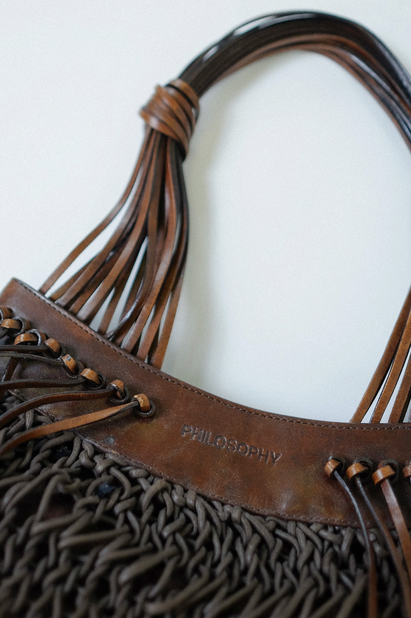 PHILOSOPHY BY ALBERTA FERRETTI WOVEN LEATHER & KNIT BAG IN CHOCOLATE BROWN