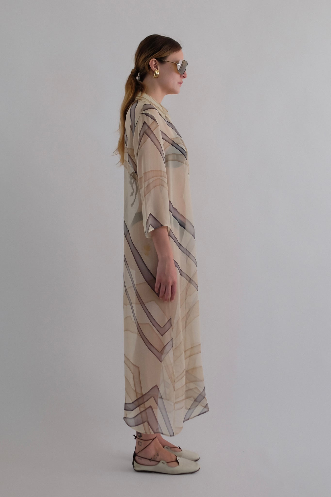MAX MARA PURE SILK CHIFFON GEOMETRIC PRINT SHIRT DRESS IN CREAM