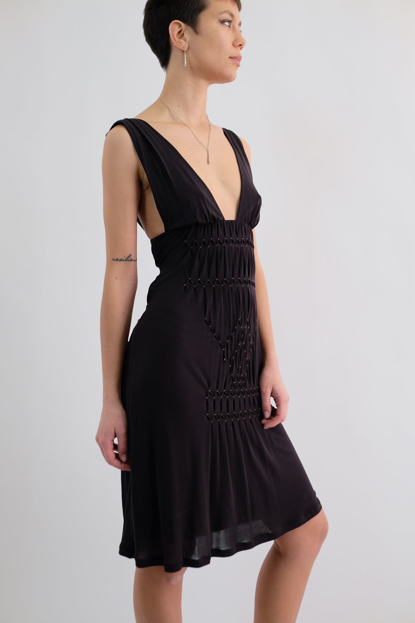 LA PERLA HAND SMOCKED DRAPED BACK DRESS IN BLACK