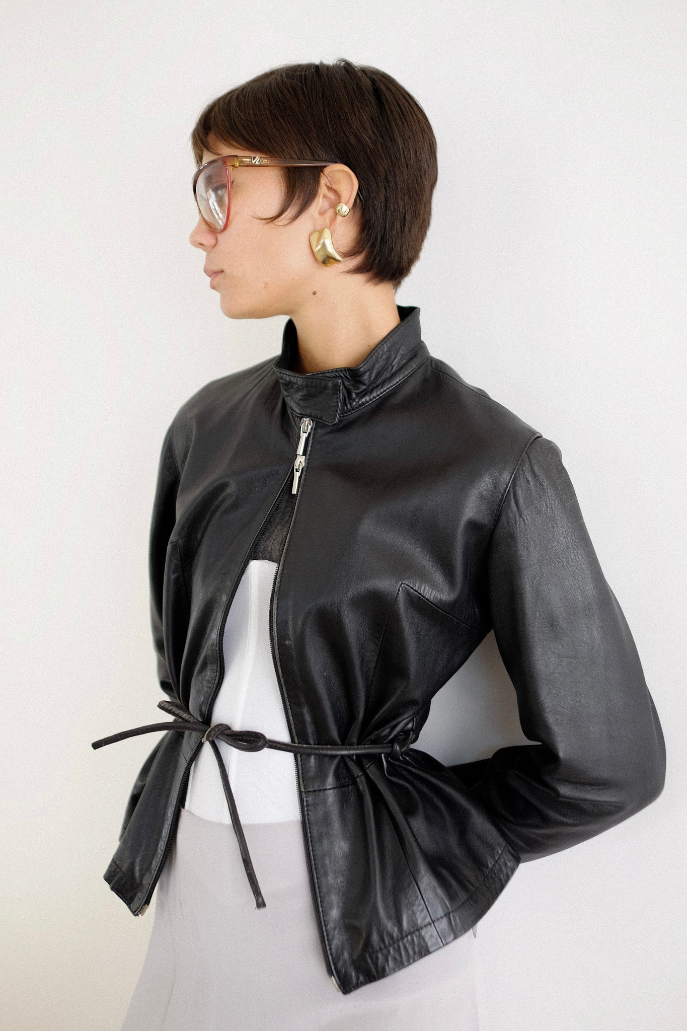 OVERPELL ITALIAN TIE WAIST BUTTERSOFT LEATHER JACKET IN BLACK