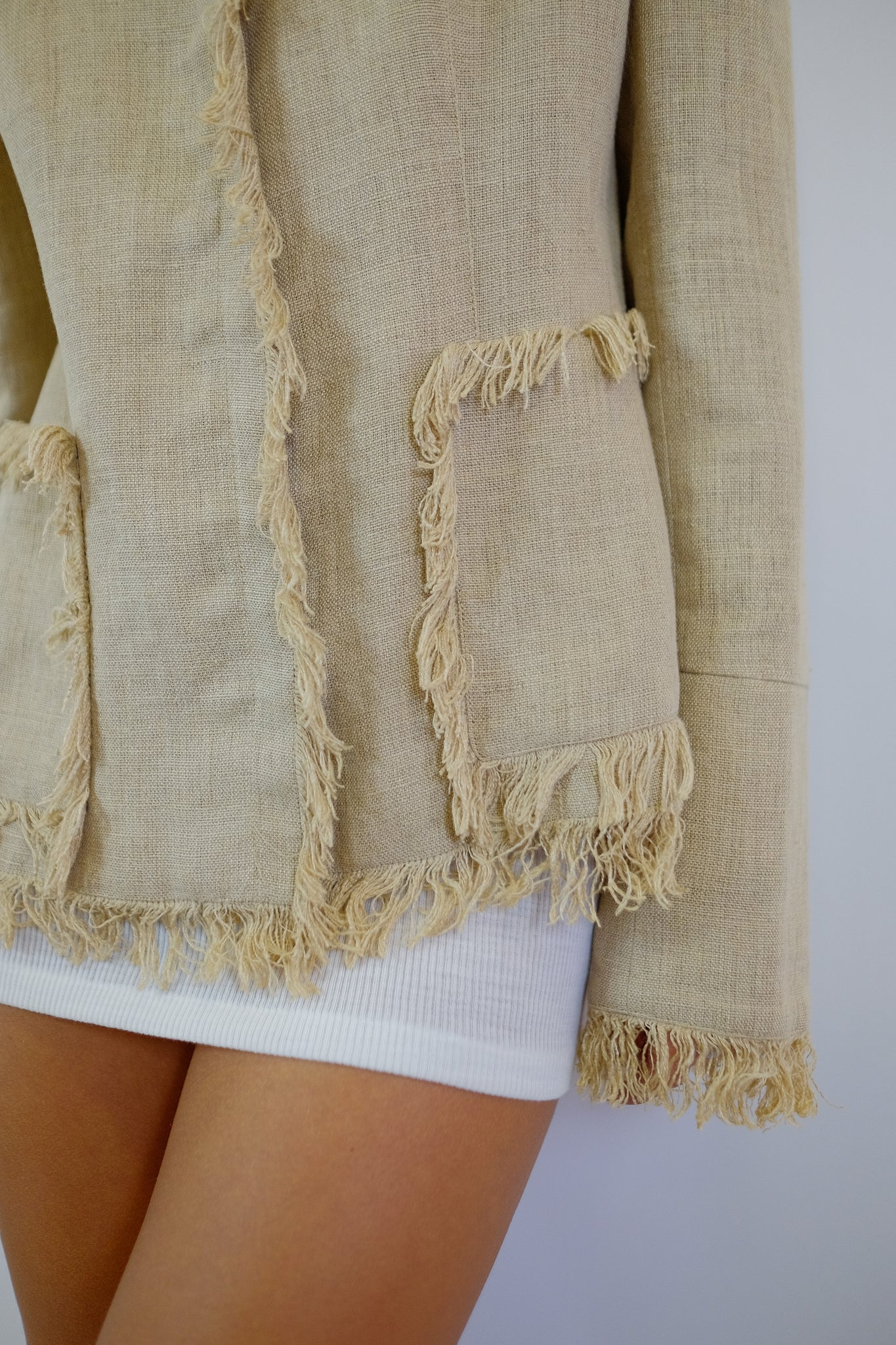 DOLCE AND GABBANA LINEN FRAY JACKET IN BEIGE