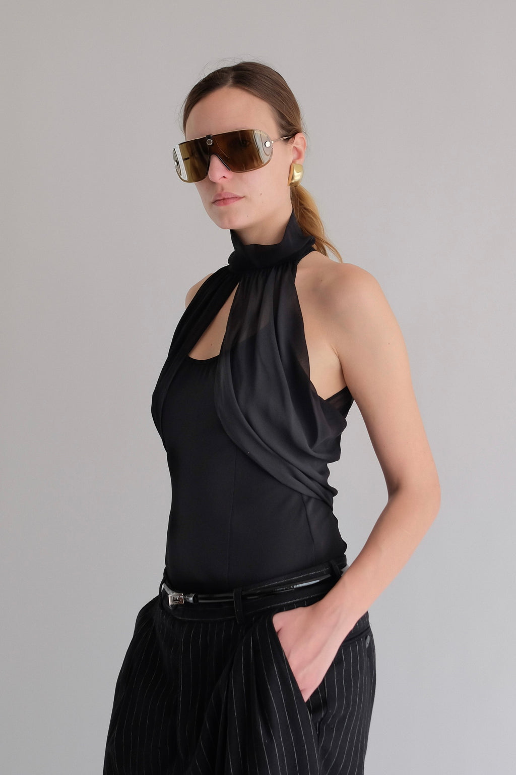 GIANFRANCO FERRÉ DEADSTOCK SILK HALTER TOP IN BLACK