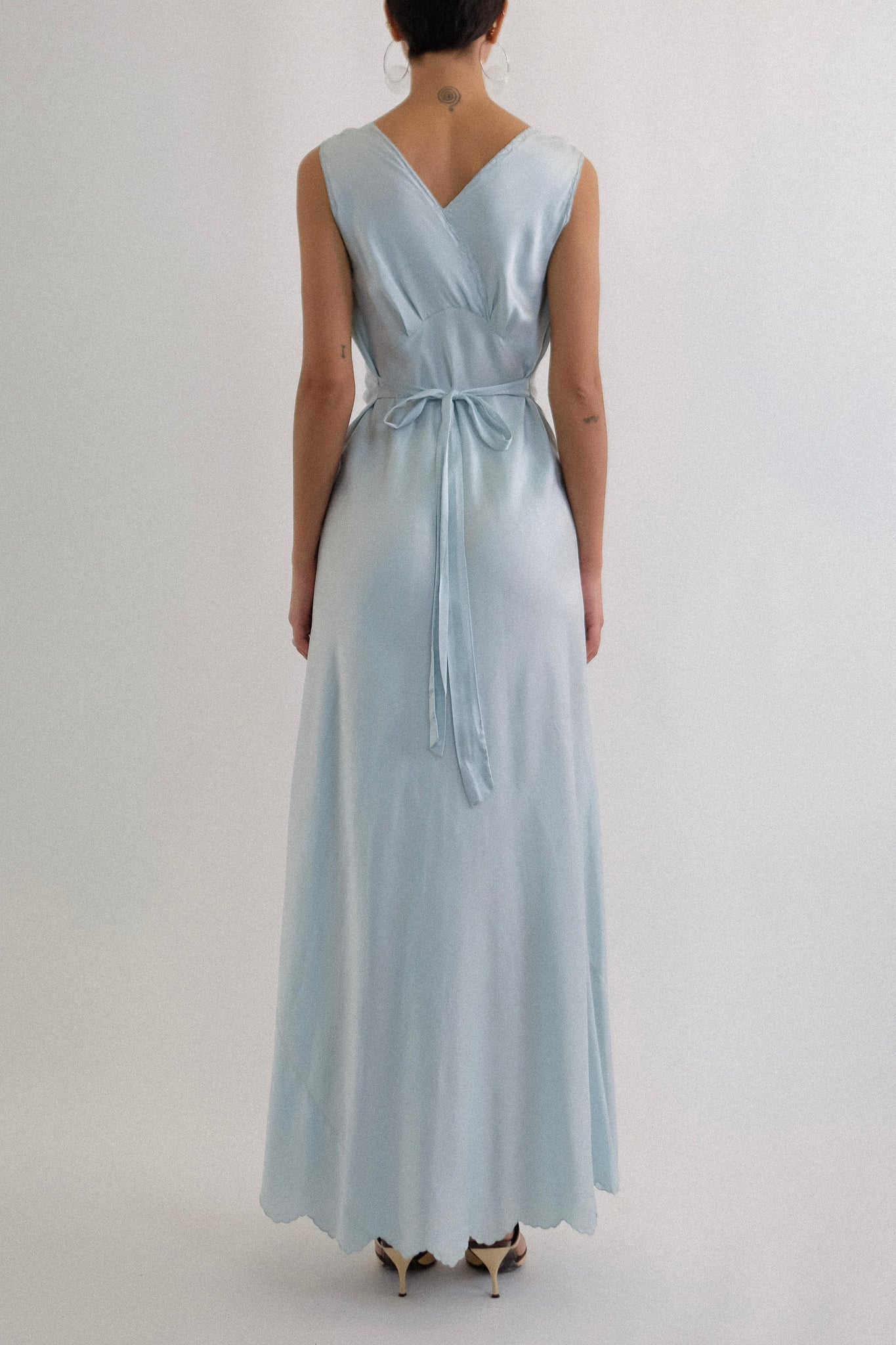 1940s HAND EMBROIDERED BIAS CUT SILK GOWN IN DUCK EGG BLUE