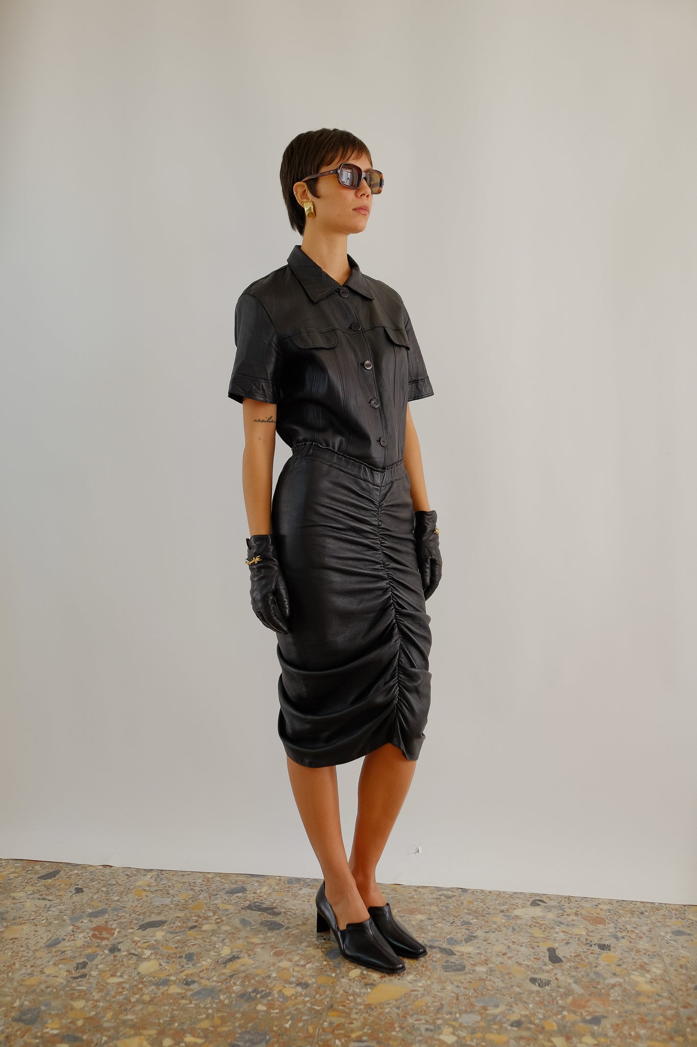 LEATHER RUCHED SKIRT IN BLACK