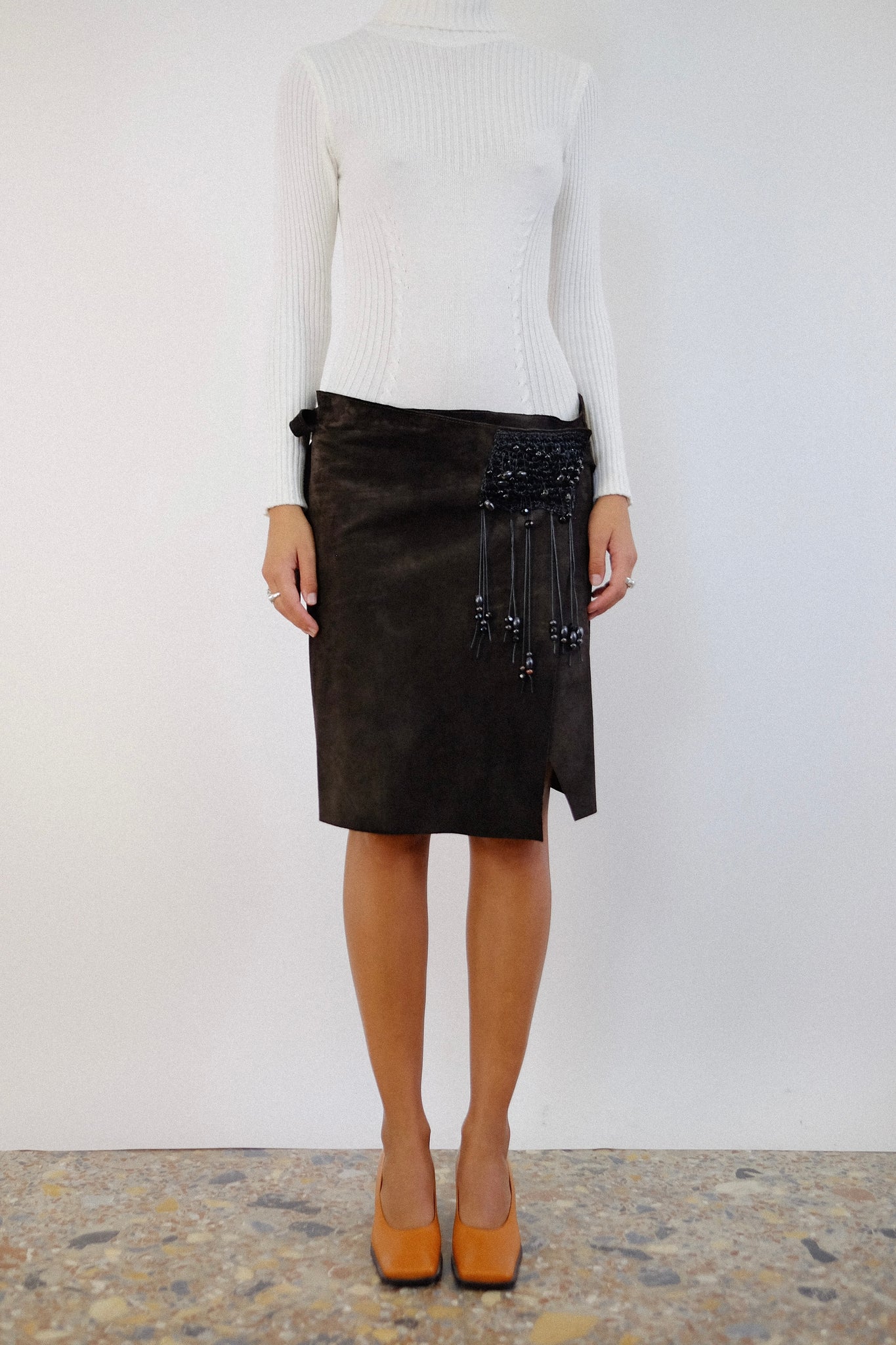 NUDE LEATHER WRAP BEADED SKIRT IN CHOCOLATE BROWN