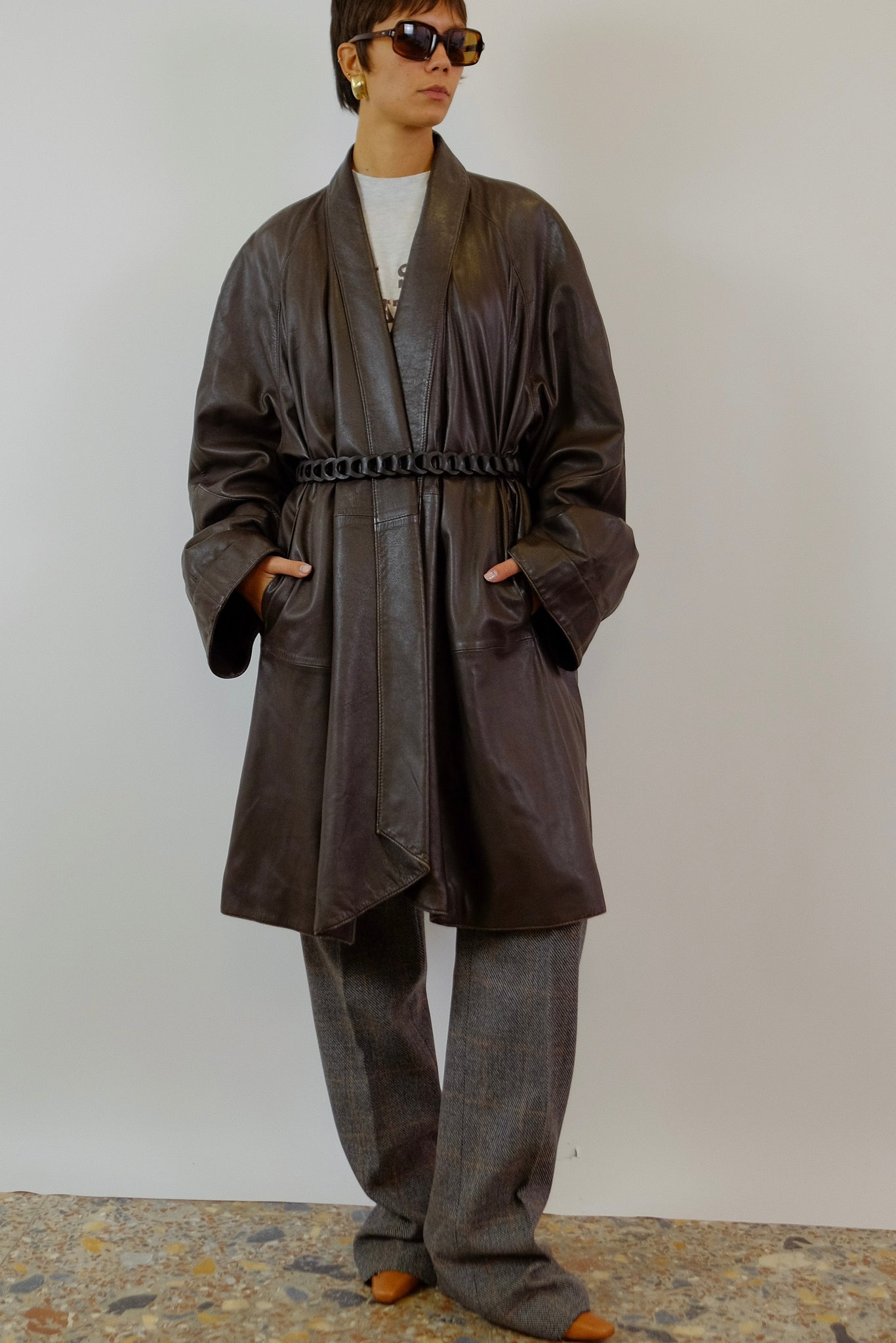LEATHER SHAWL COAT IN DARK BROWN