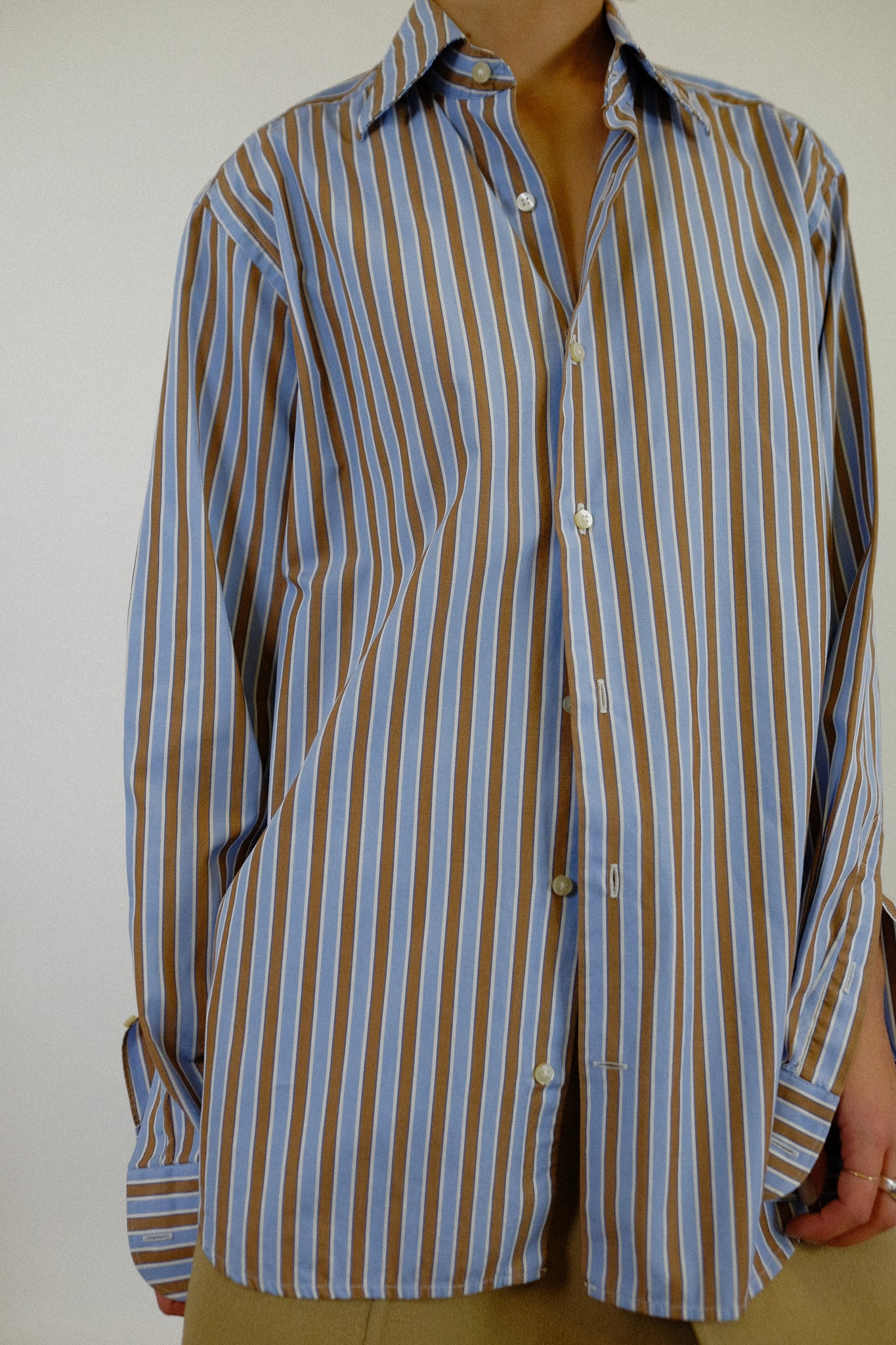 ARTISANAL MILANESE COTTON SHIRT IN BLUE & BROWN STRIPE