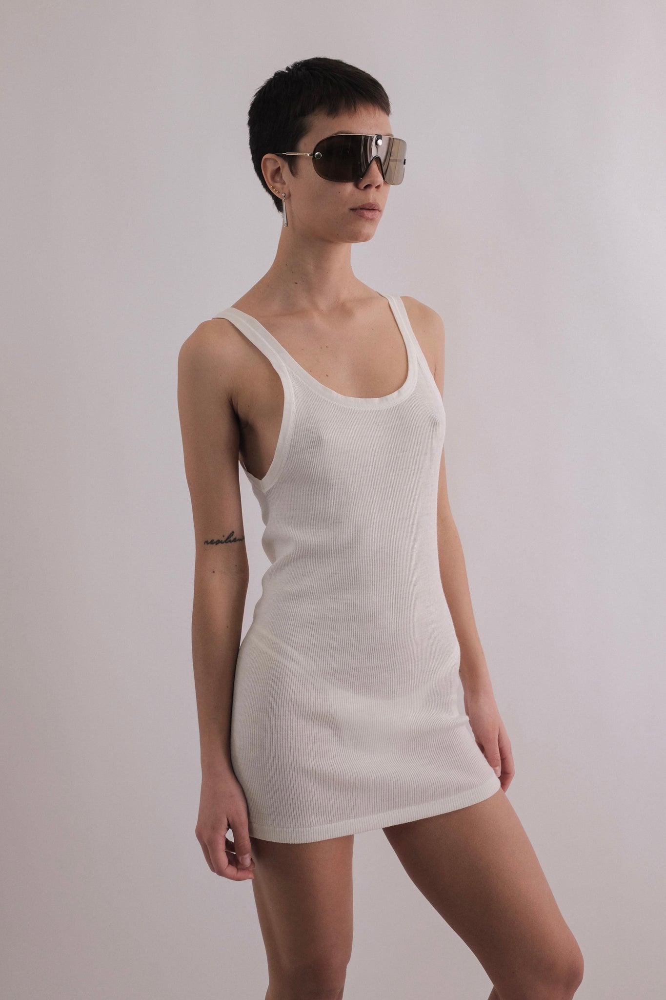 80s DEADSTOCK ITALIAN RIBBED LAYERING TANK DRESS IN WHITE